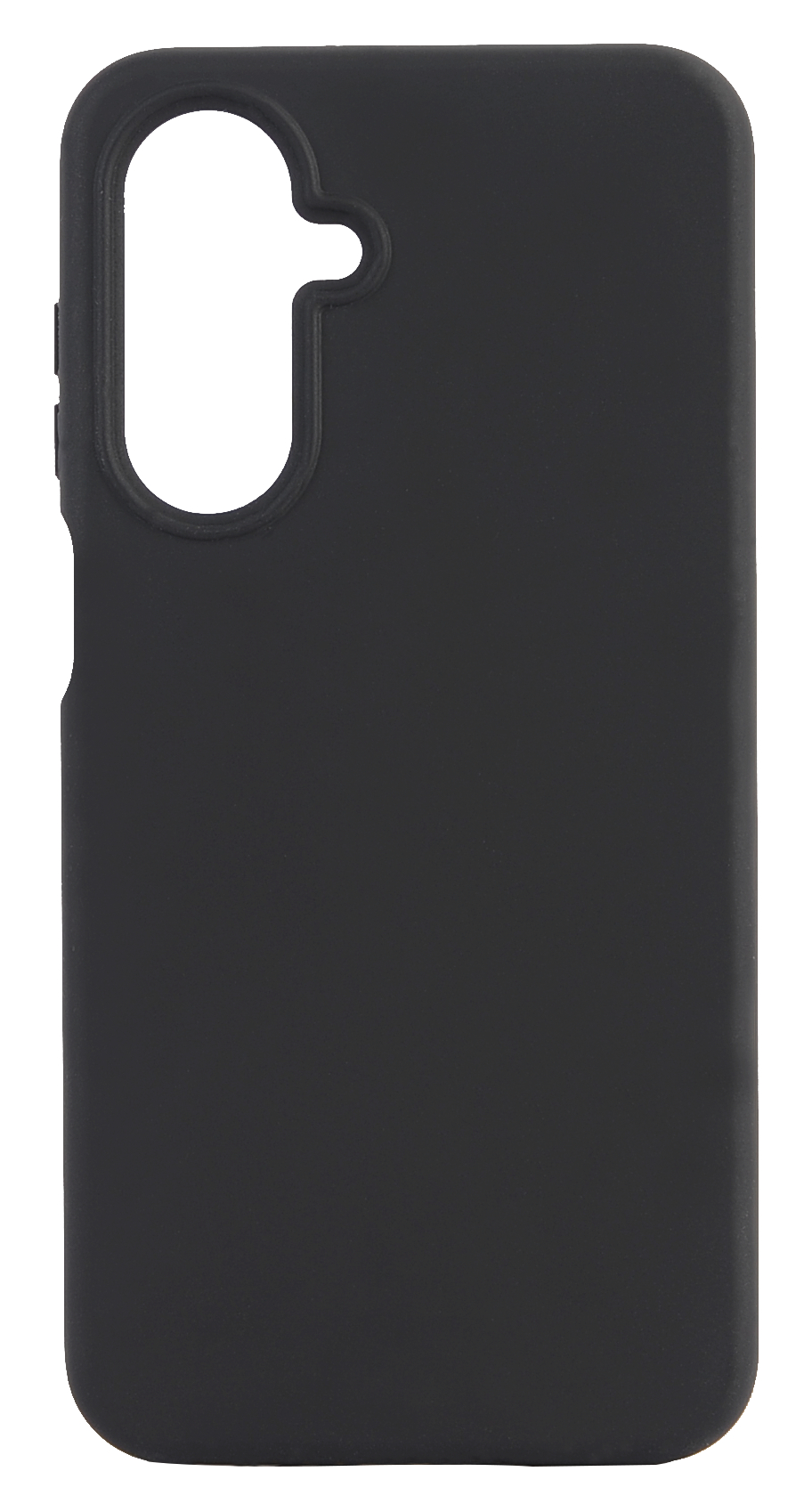Eine schwarze Handyhülle mit Kameraausschnitt und Knopflöchern.