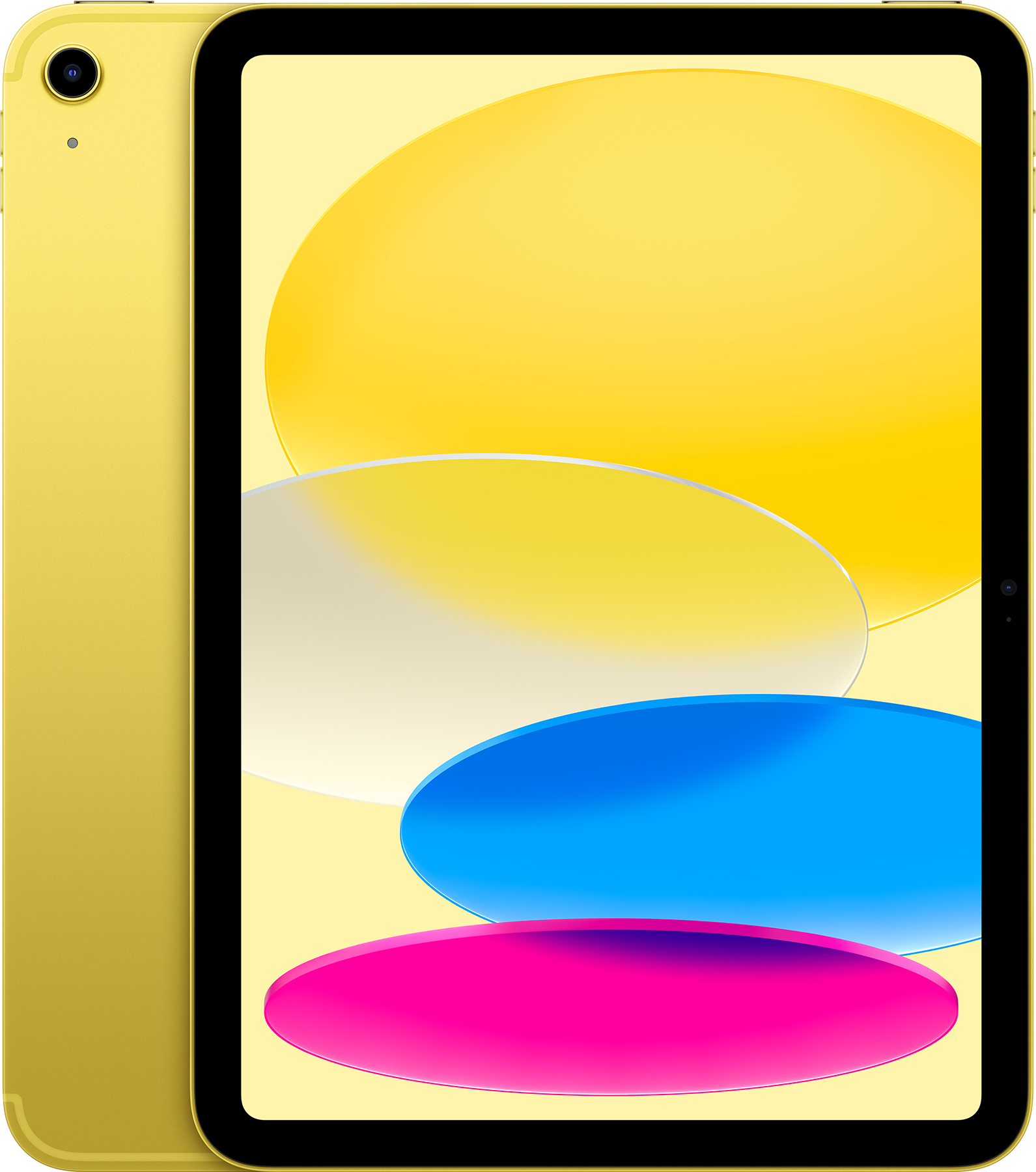 Sárga tablet, képernyőjén sárga, kék és rózsaszín formákkal.