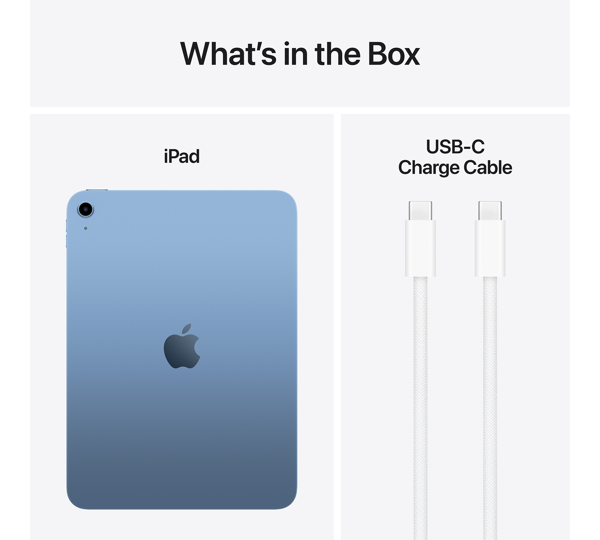 iPad és USB-C kábel egymás mellett. Szöveg: Mi van a dobozban. Kék iPad látható.