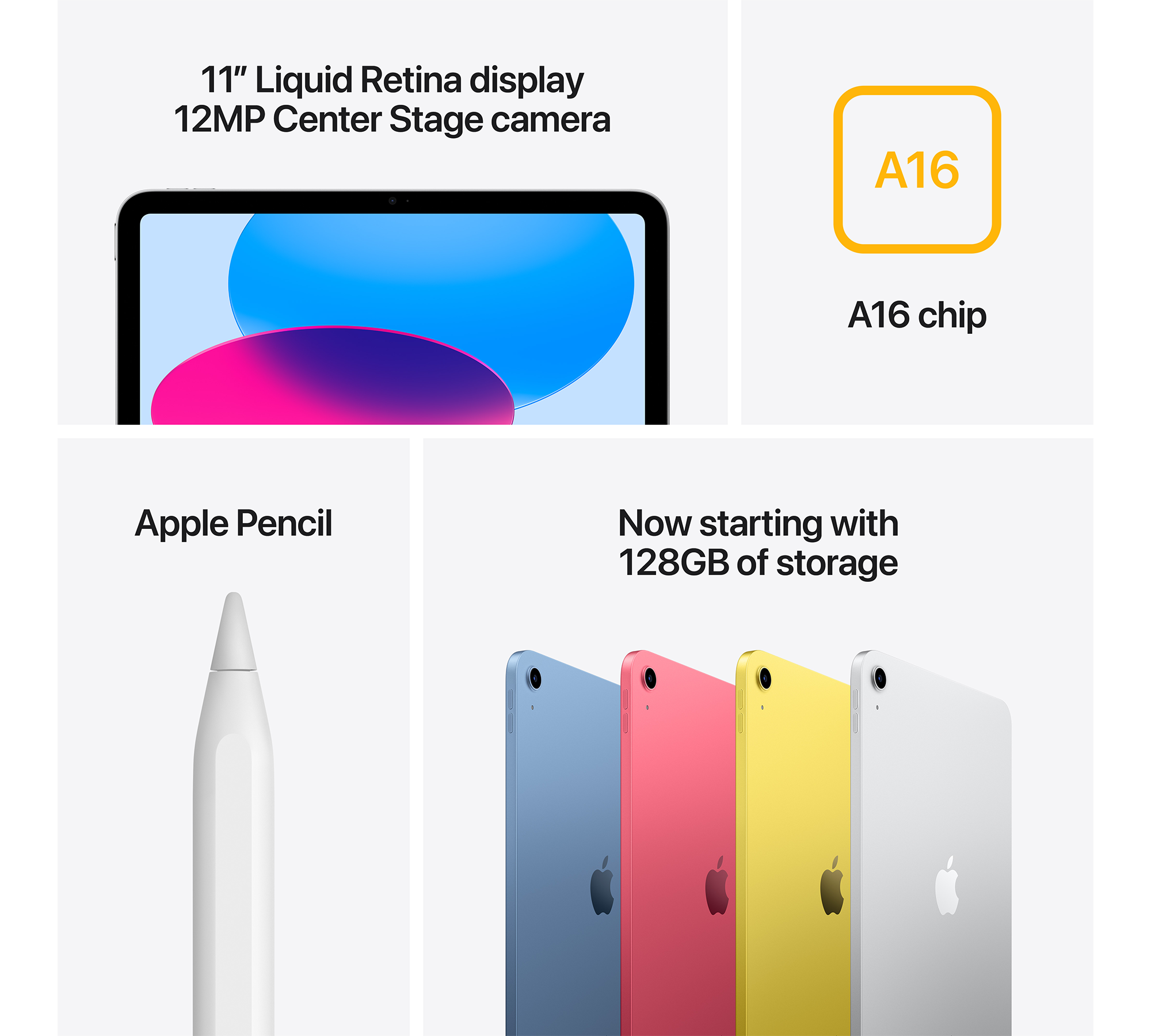 iPad kiemelt funkciókkal. Szöveg: Liquid Retina kijelző, A16 chip, Apple Pencil, tárolási lehetőségek.
