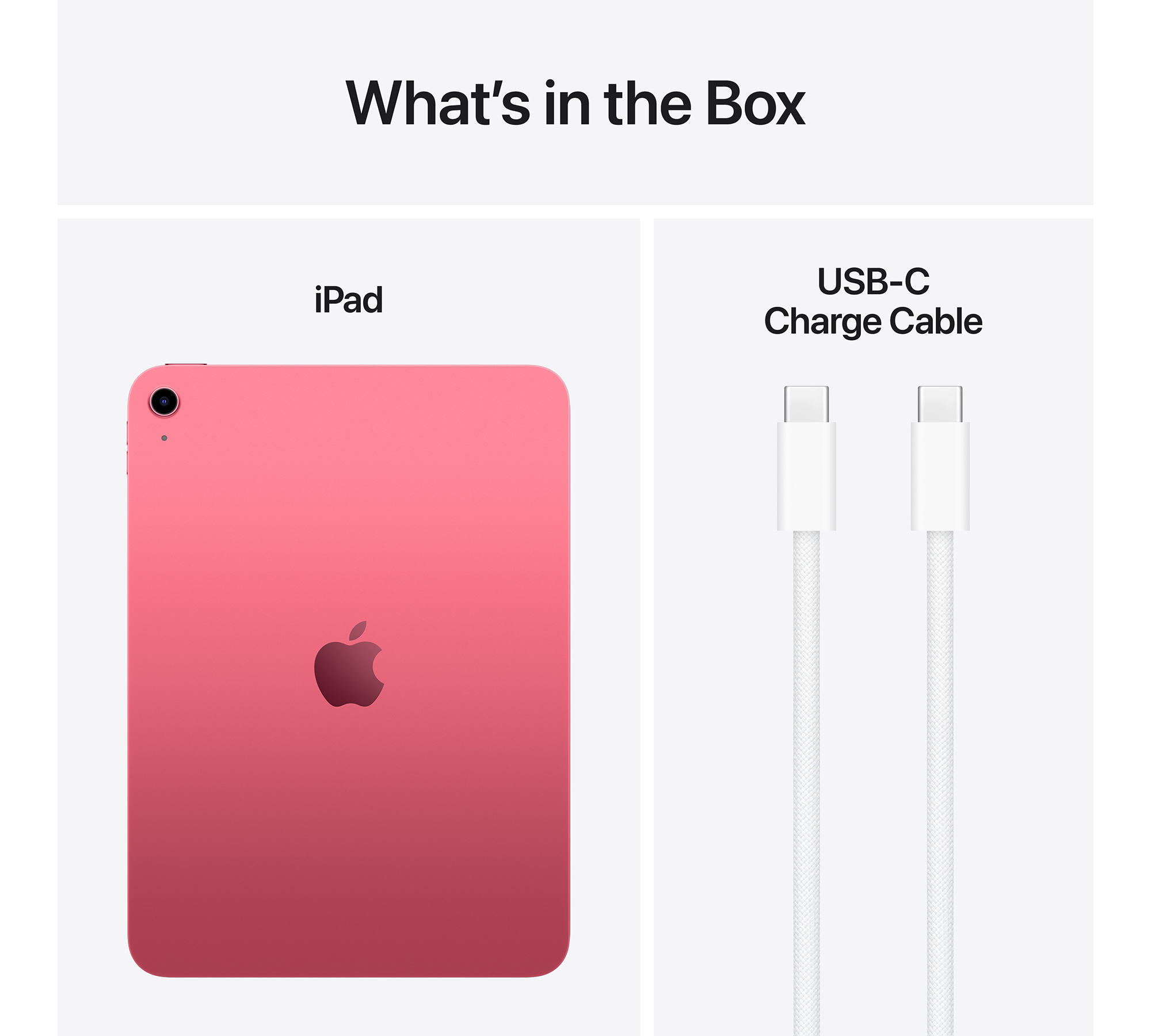 Egy iPad és egy USB-C töltőkábel fehér háttér előtt. Az iPad rózsaszín.