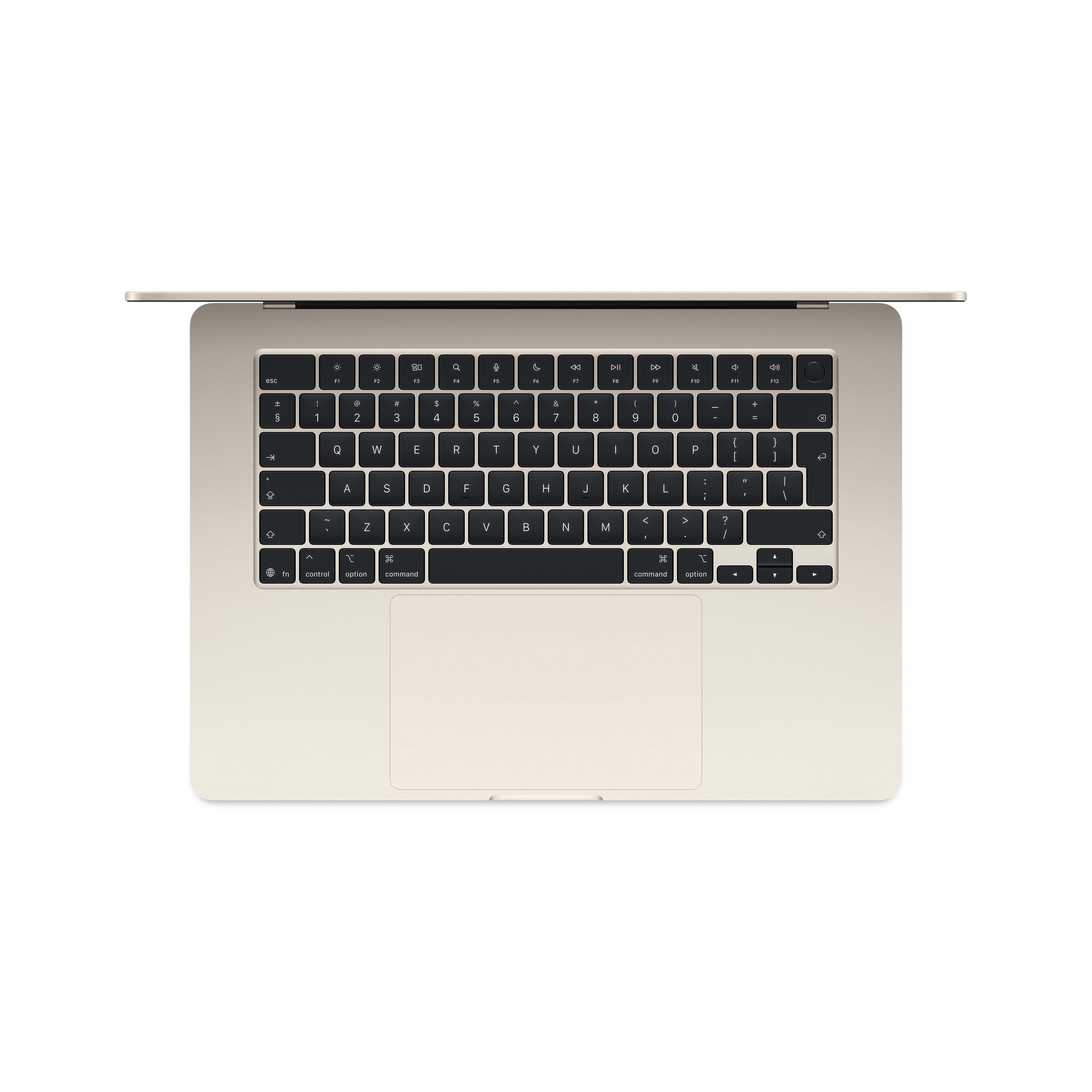 Ein Laptop, Draufsicht, mit Tastatur, Trackpad und Bildschirm.