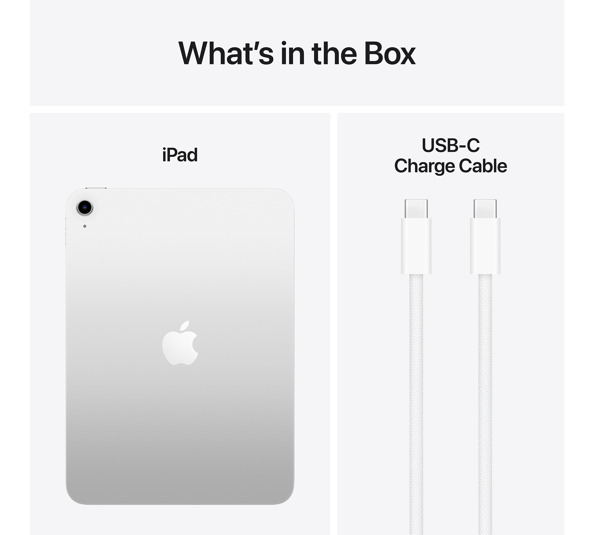 iPad és USB-C kábel fehér háttéren, 'Mi van a dobozban' szöveggel.