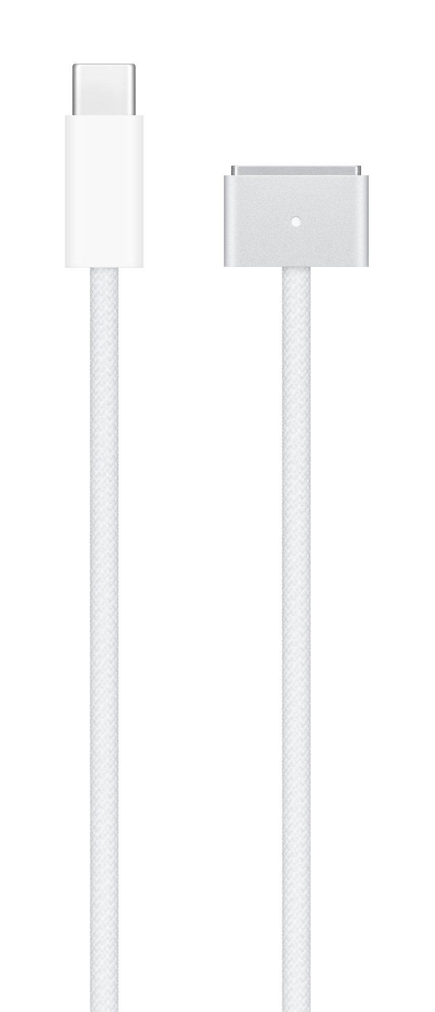 Biały kabel USB-C do MagSafe 3, ze złączem USB-C i złączem MagSafe 3.