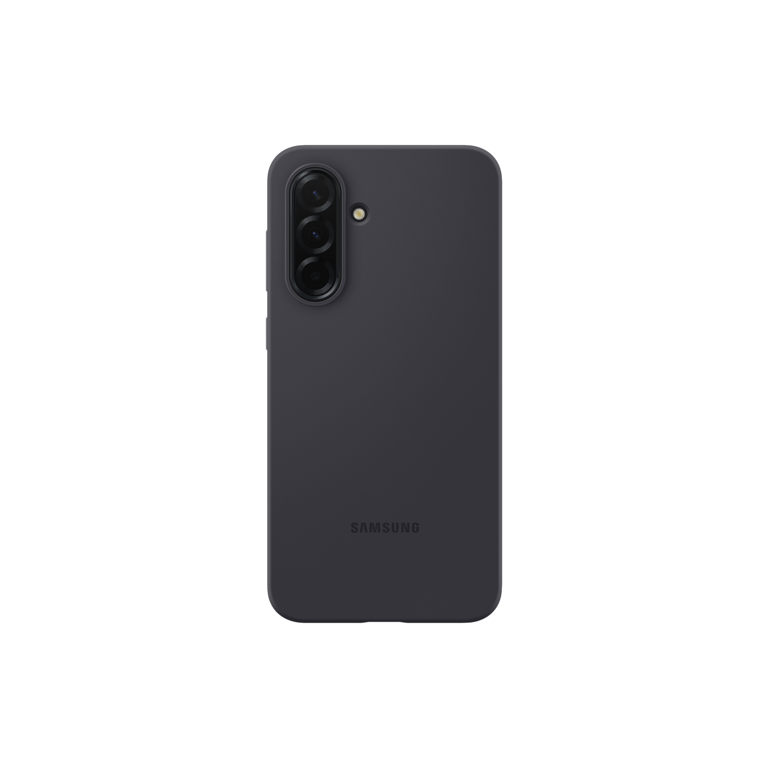 Samsung telefoonhoesje, donkergrijs, op een zwarte achtergrond. SAMSUNG logo zichtbaar.