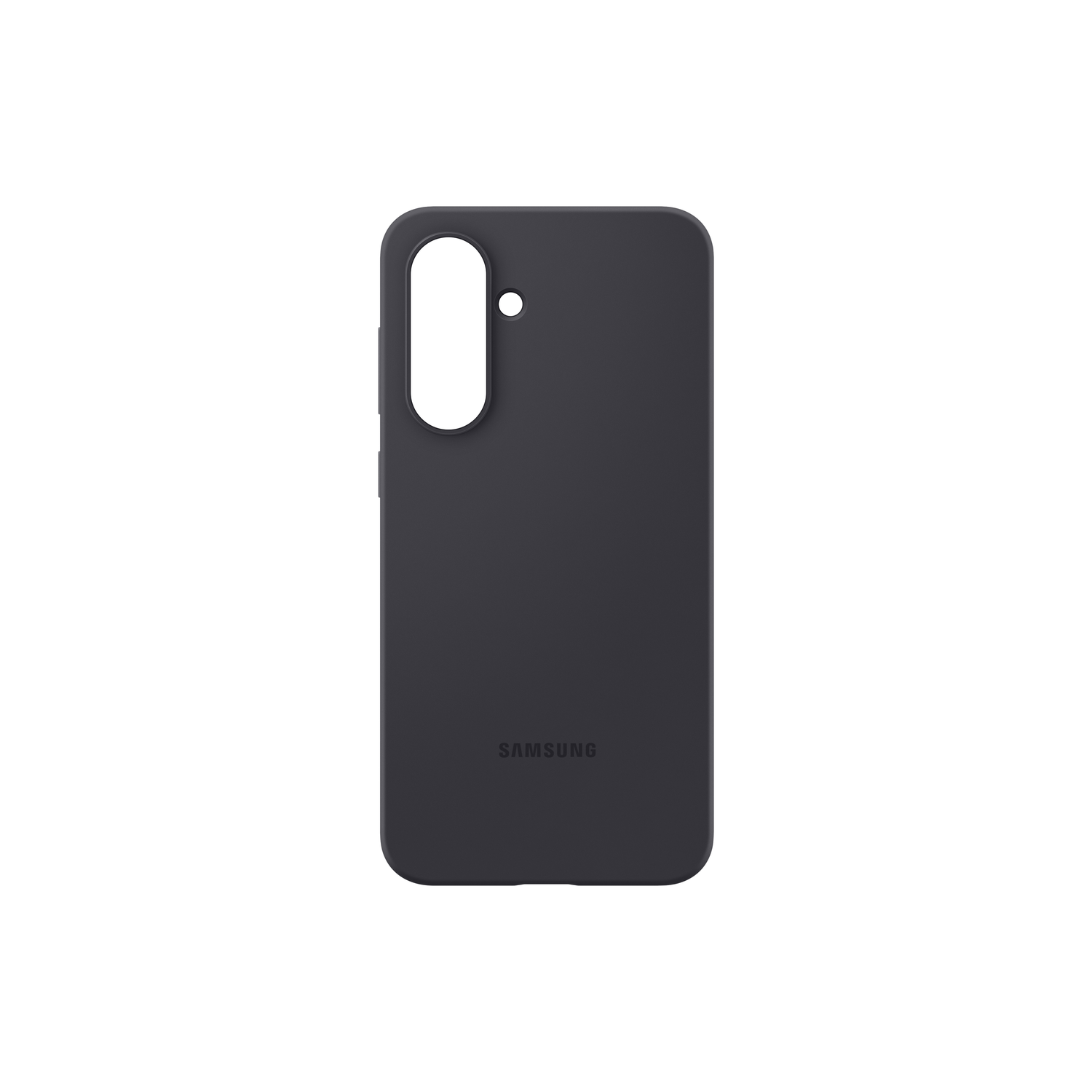 Een donkergrijze Samsung telefoonhoes met een cameralensopening en de merknaam.