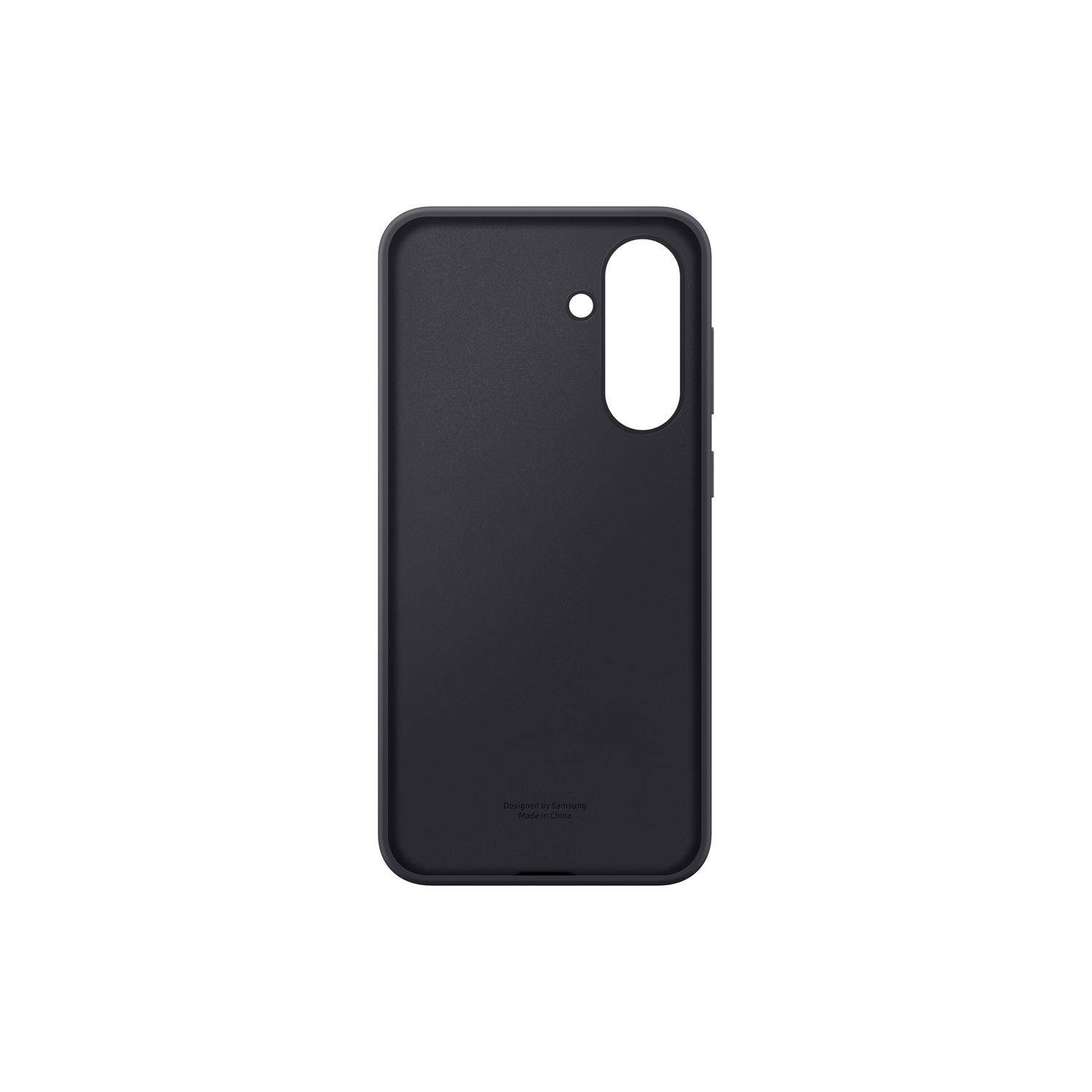Zwarte telefoonhoes met uitsparing voor de camera en de woorden "Designed by Samsung".