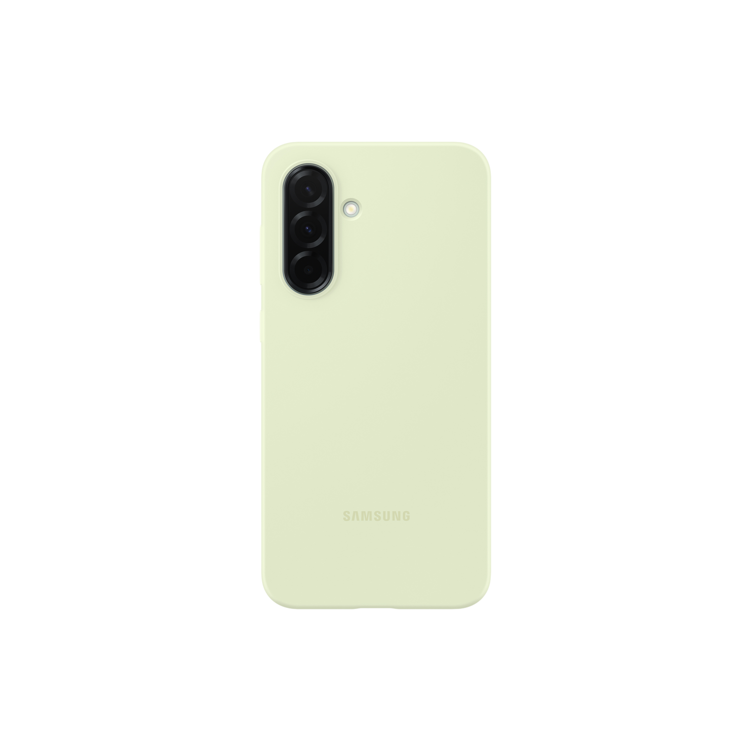 Lichtgroene Samsung telefoonhoes met drie cameralenzen. Zwarte achtergrond.