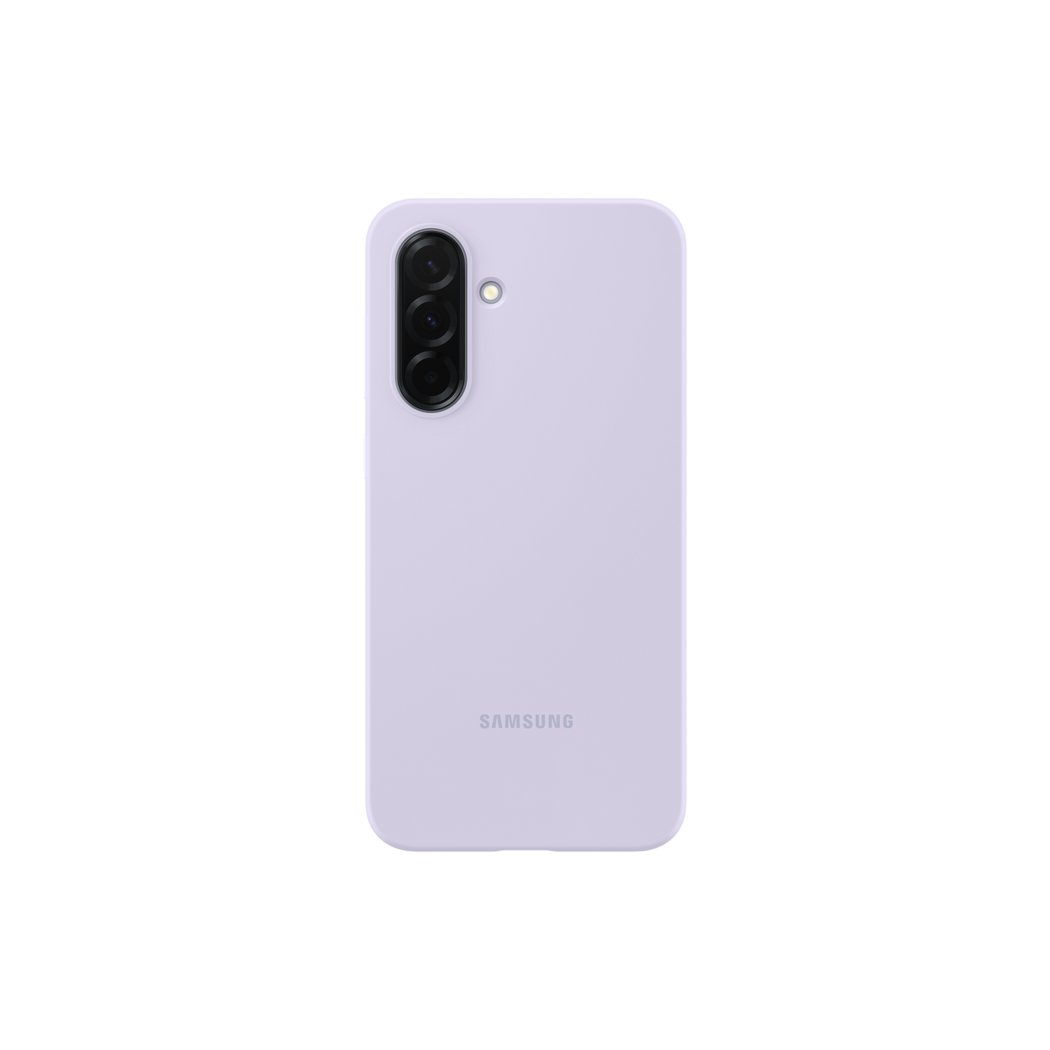 Een lichtpaarse telefoonhoes met drie cameralenzen en het Samsung-logo.