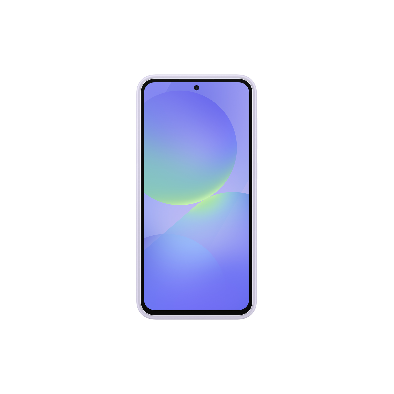 Een telefoon met een lila hoesje, een blauw-groen verloop scherm op een witte achtergrond.