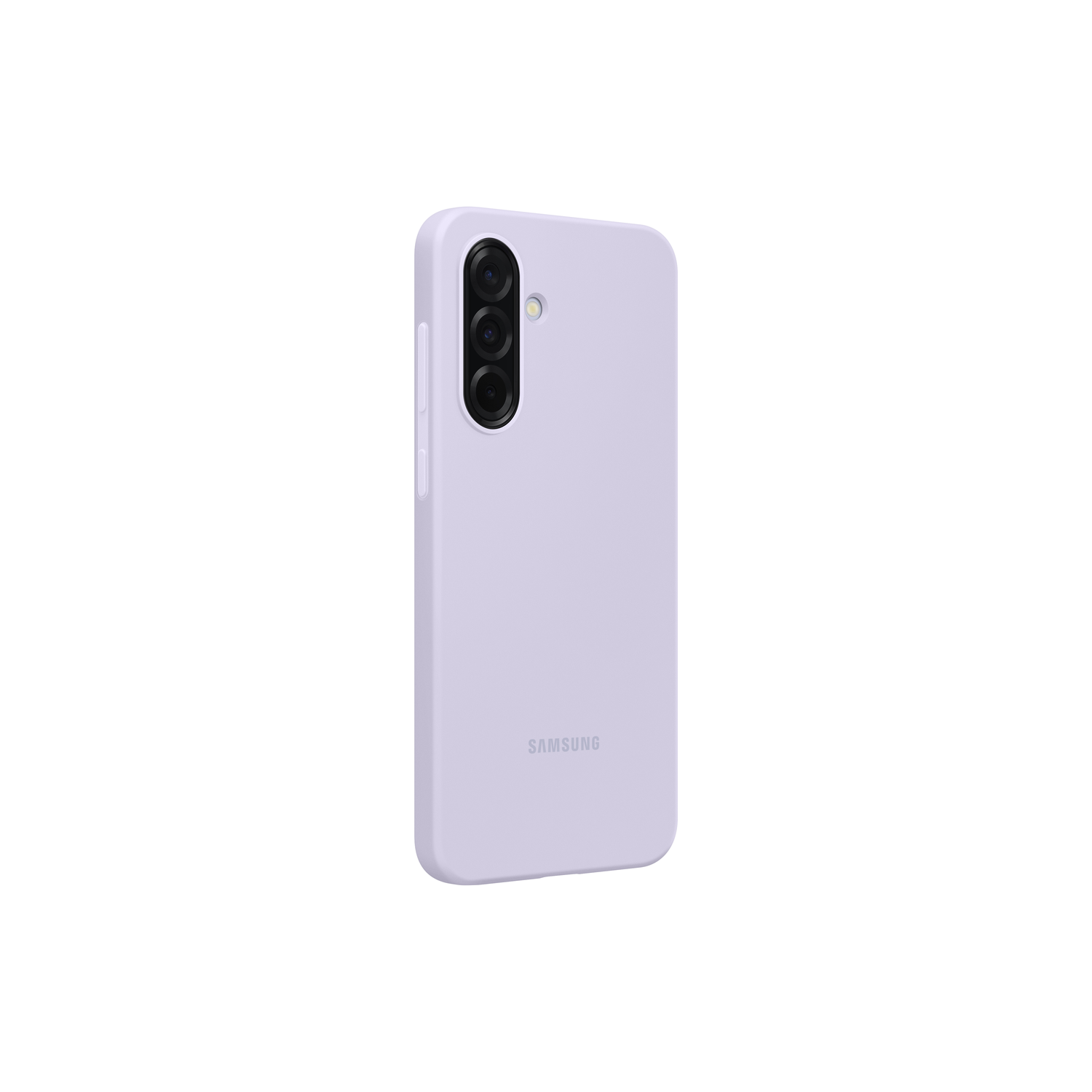 Een lila-kleurige Samsung telefoonhoes met drie cameralenzen op een witte achtergrond.