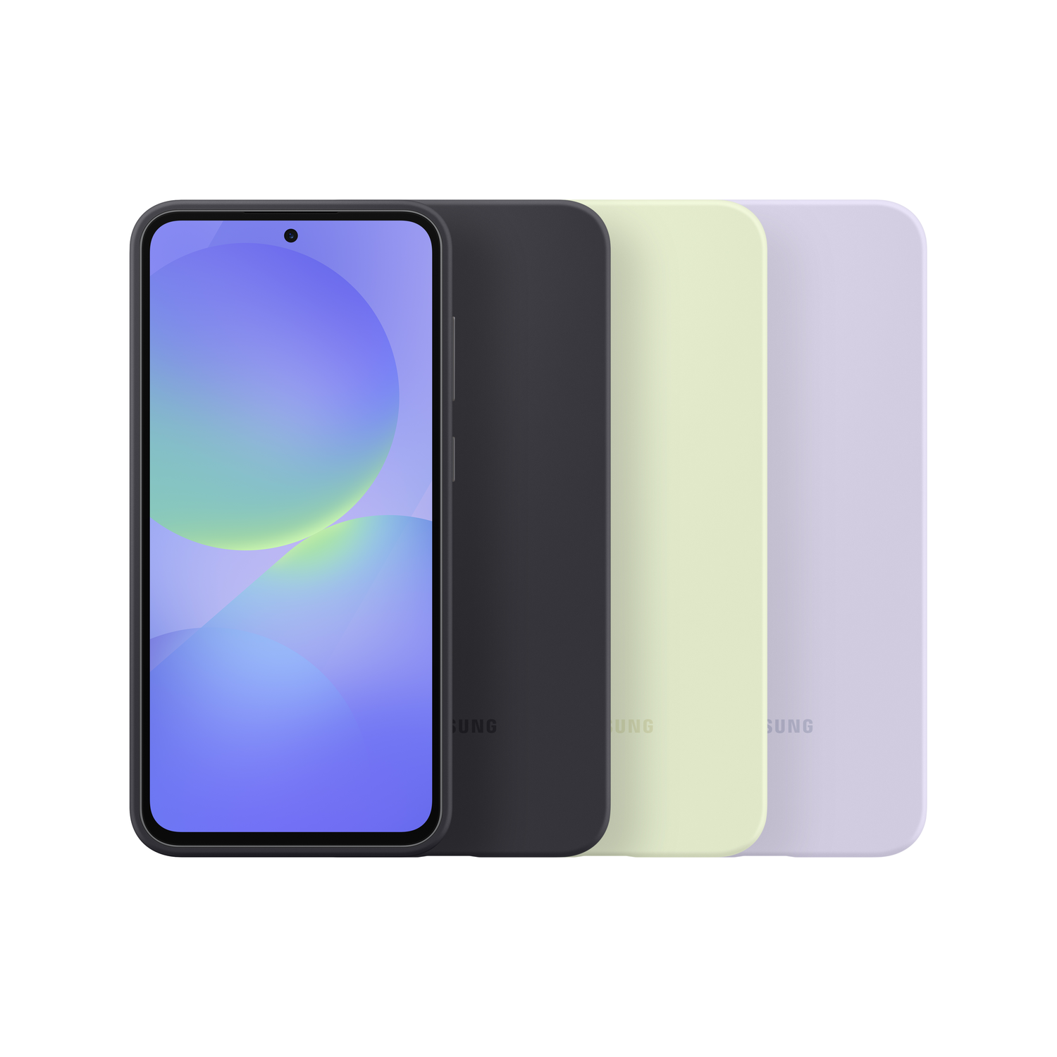 Vier gekleurde telefoonhoesjes. Telefoonscherm zichtbaar in de zwarte hoes.