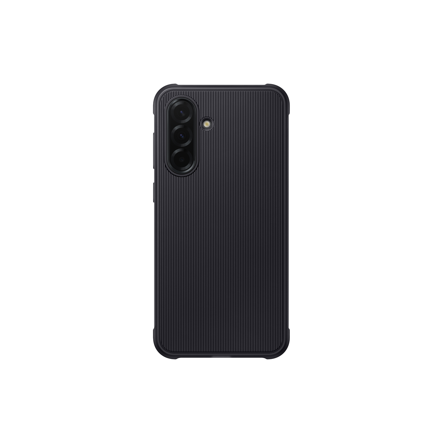 Une coque de téléphone noire avec des lignes verticales texturées, sur fond noir.