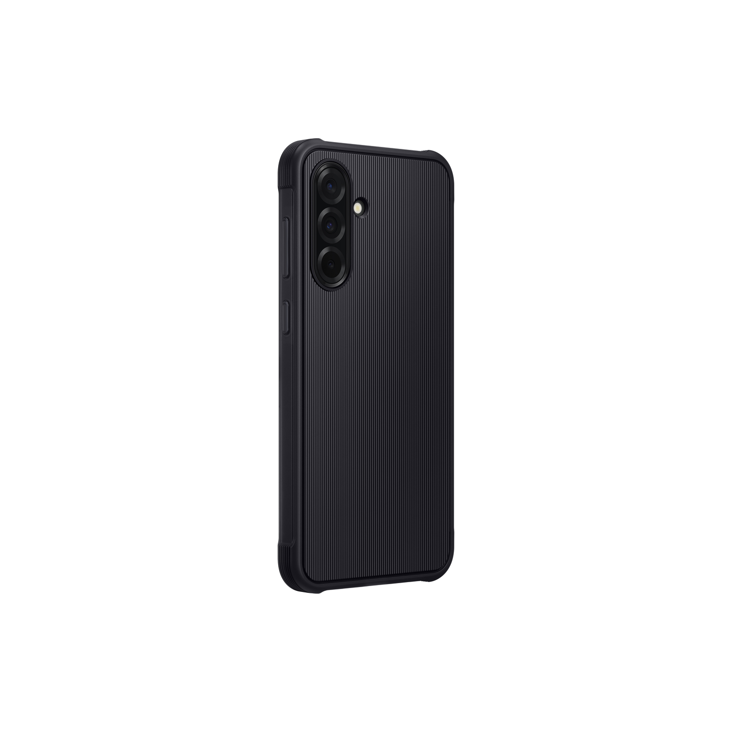 Un étui de téléphone noir avec des lignes verticales et trois caméras.