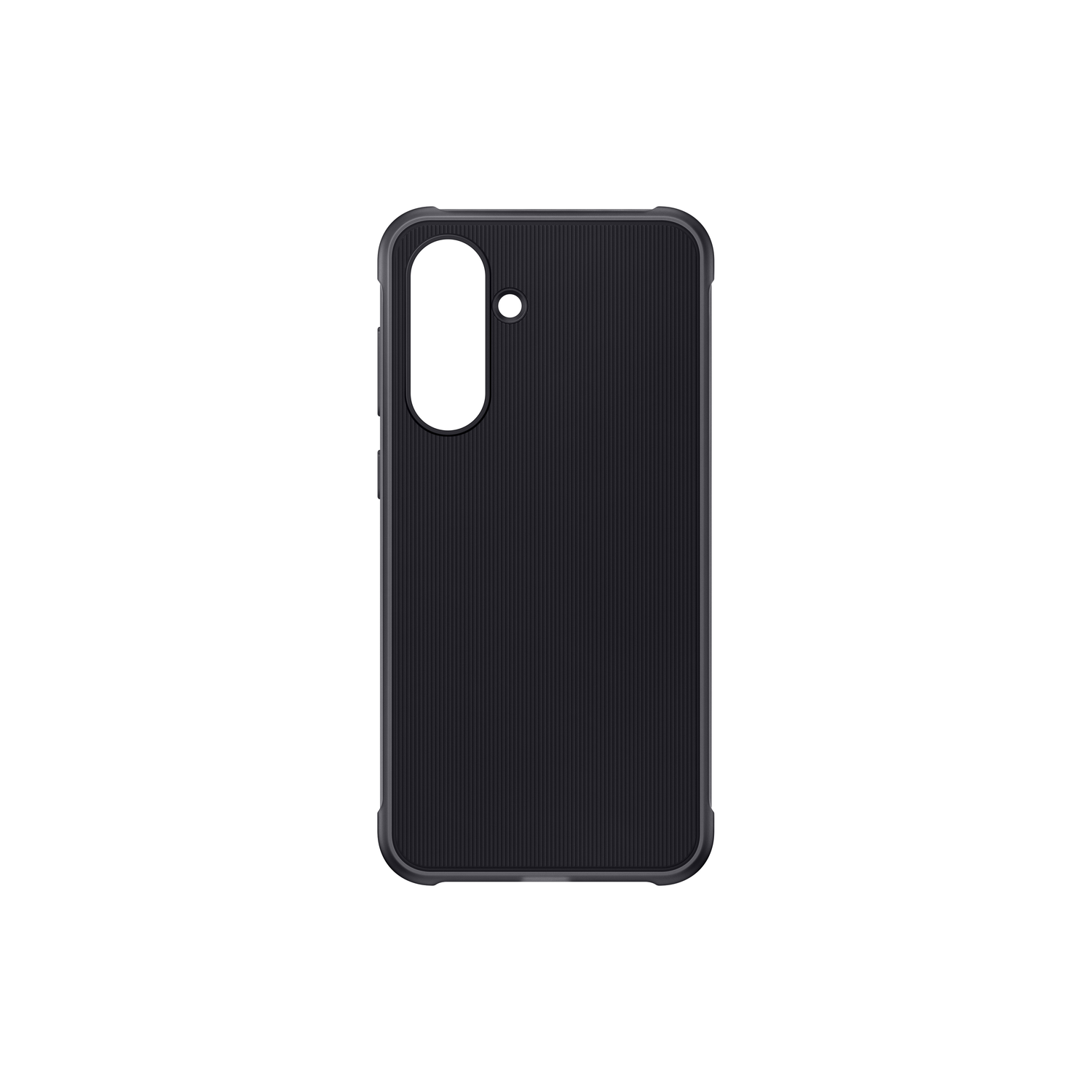 Coque de téléphone noire avec un dos texturé. Elle a une découpe pour l'appareil photo et des boutons.
