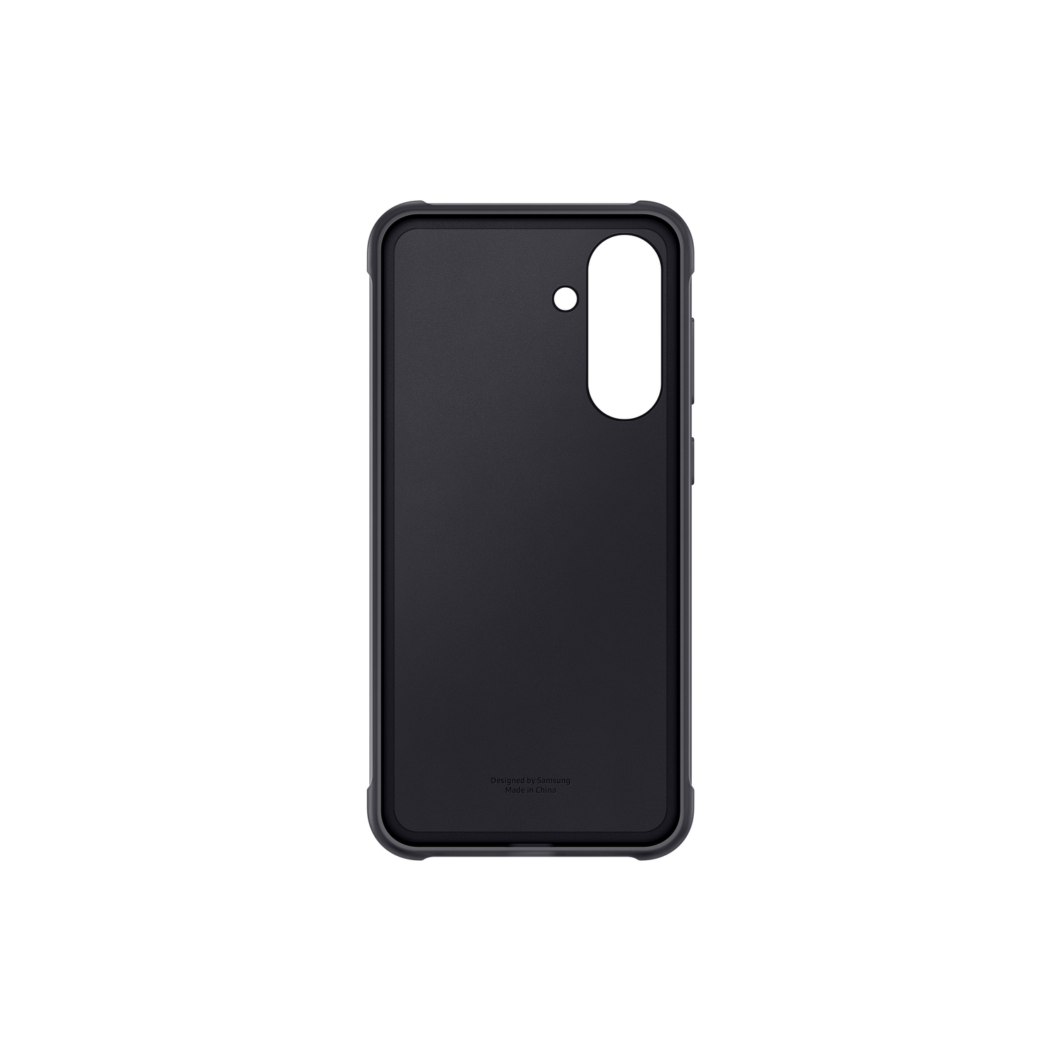 Coque de téléphone noire avec découpe pour appareil photo. L'intérieur est noir. L'arrière est plat.