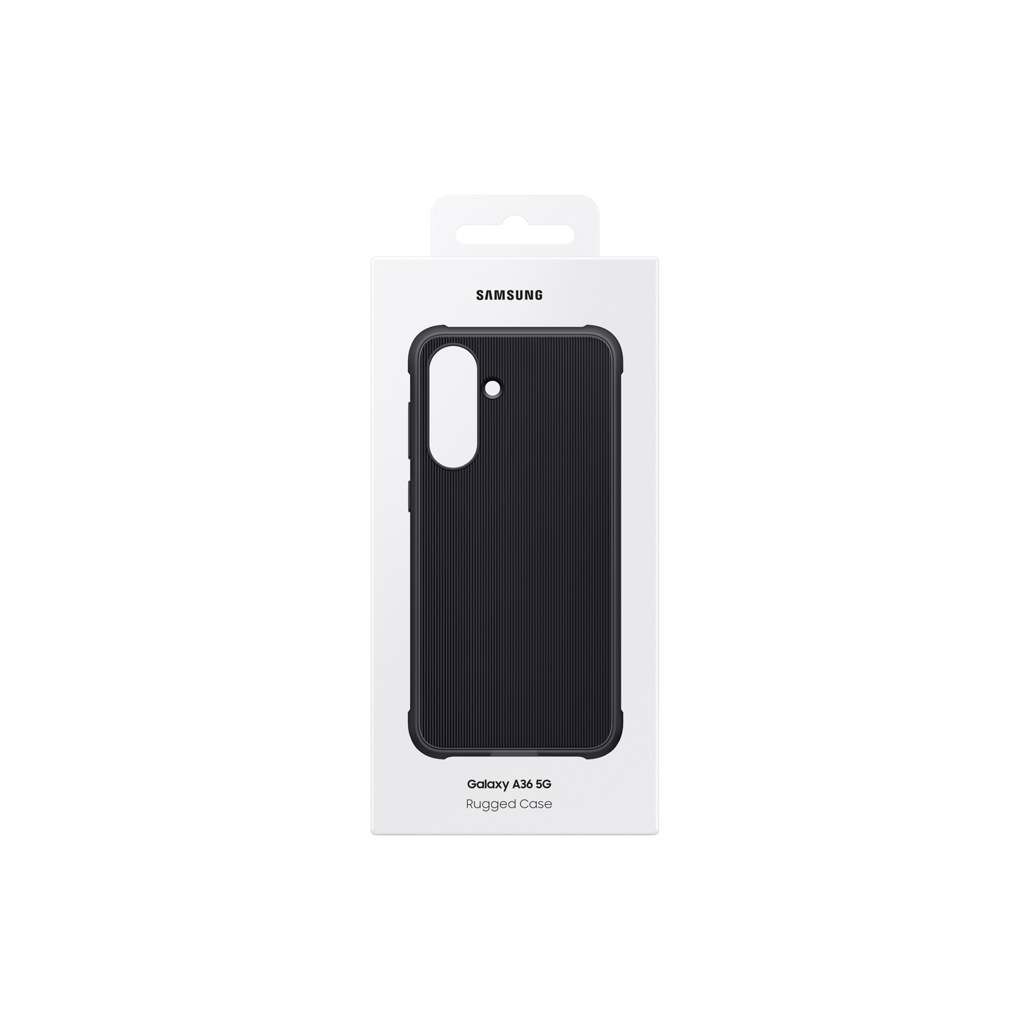Coque de téléphone noire dans une boîte blanche avec crochet. Texte : Galaxy A36 5G Rugged Case.