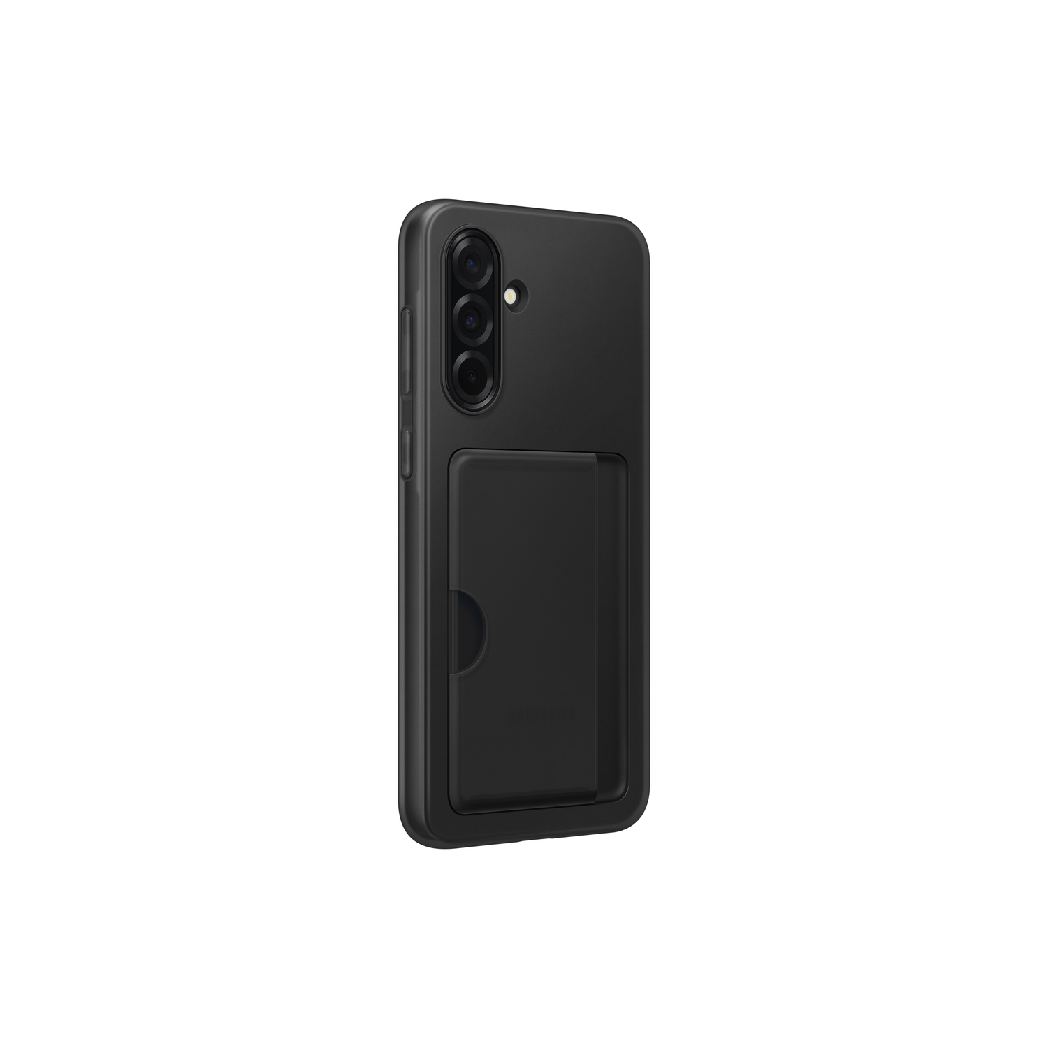 Black smartphone case with camera and card slot. White background.