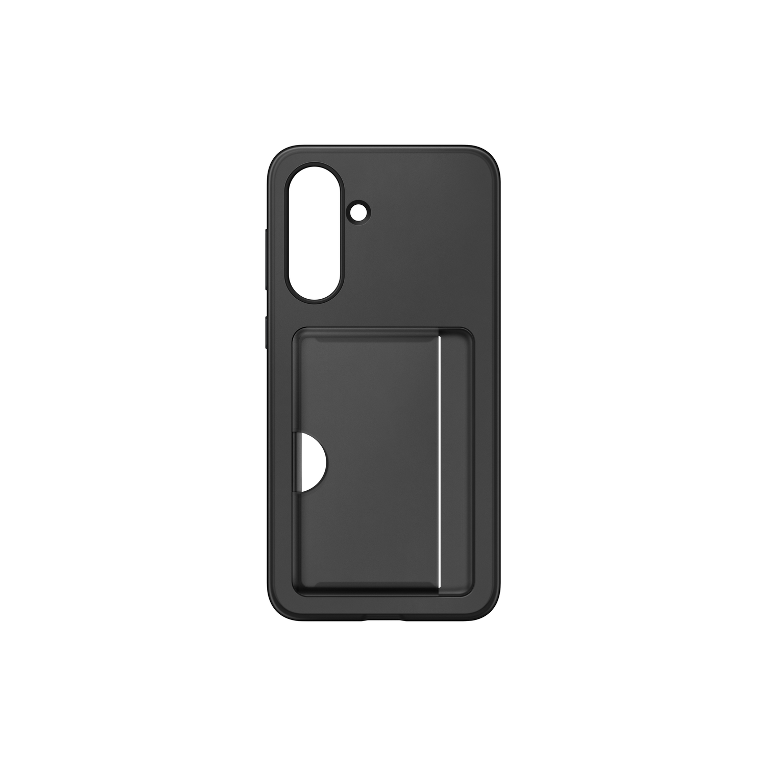 Black phone case with a cutout for the camera and a slot for cards.