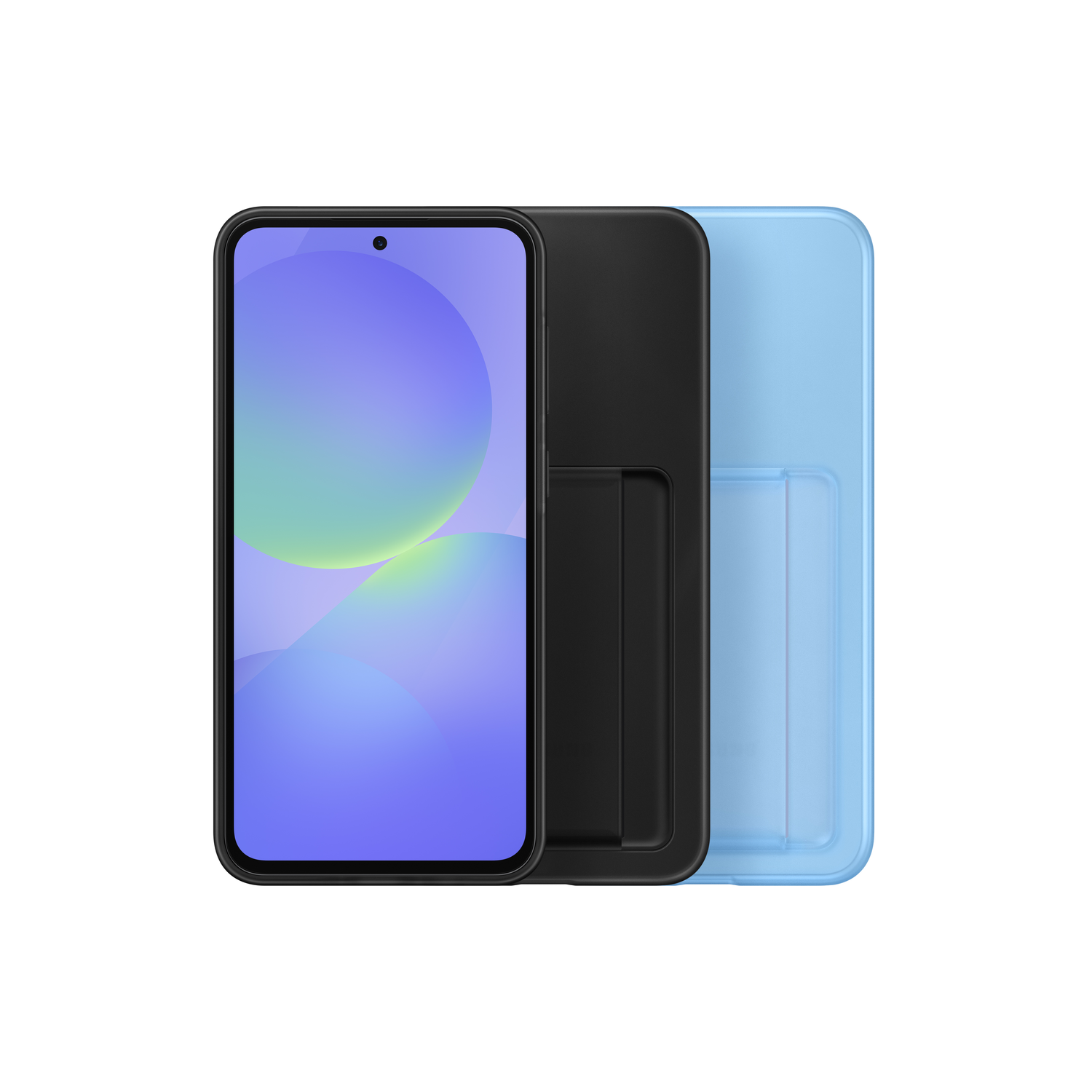 A smartphone with a case and a separate, light blue case.