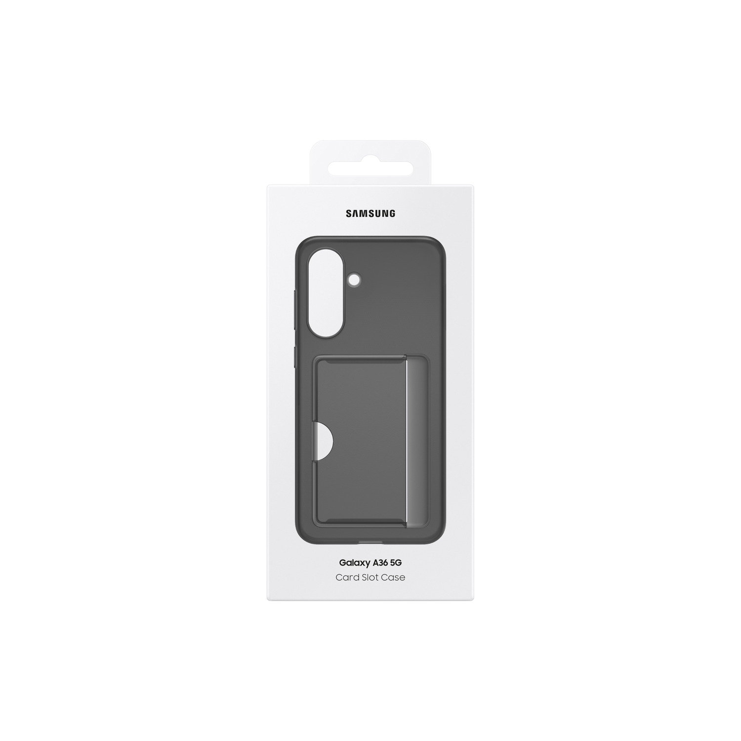 A Samsung phone case in a box. The case is black with a card slot.