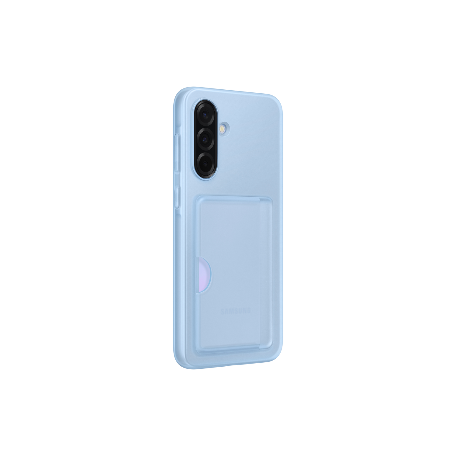Lichtblauwe telefoonhoes met kaartsleuf, toont de camera.