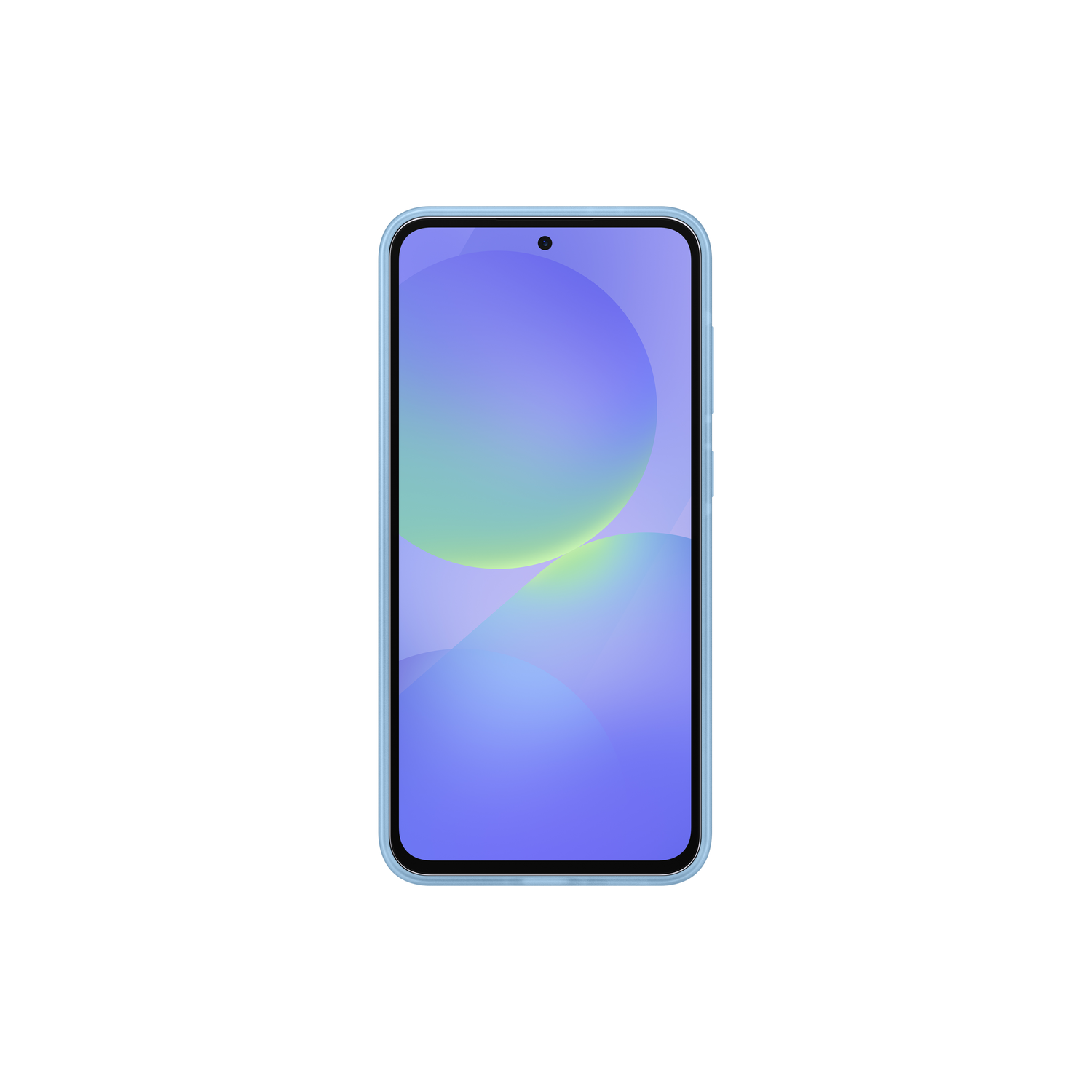 Een lichtblauwe telefoon met een paarse en groene achtergrond en een enkele camera aan de voorkant.
