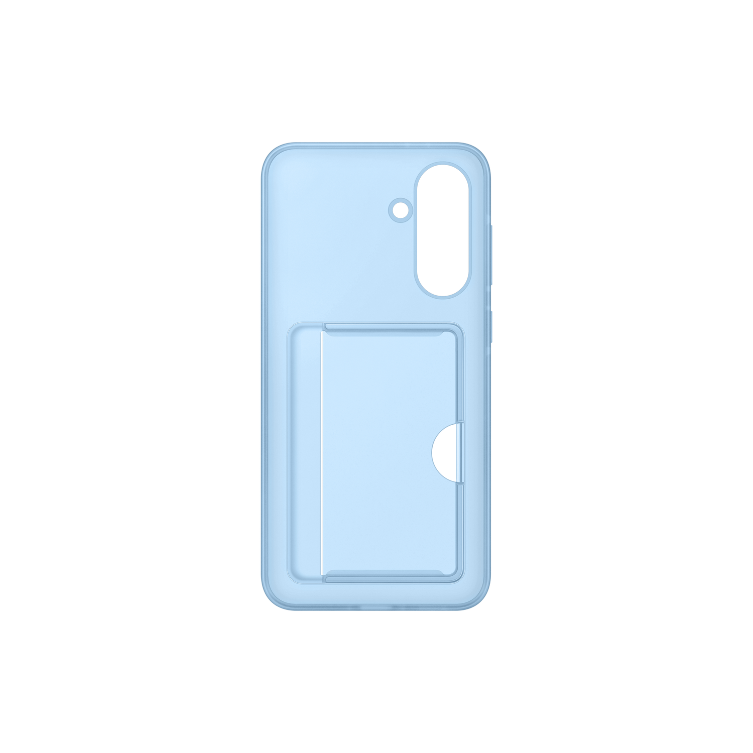 Lichtblauwe telefoonhoes met een kaartsleuf en een gat voor de camera en knoppen.