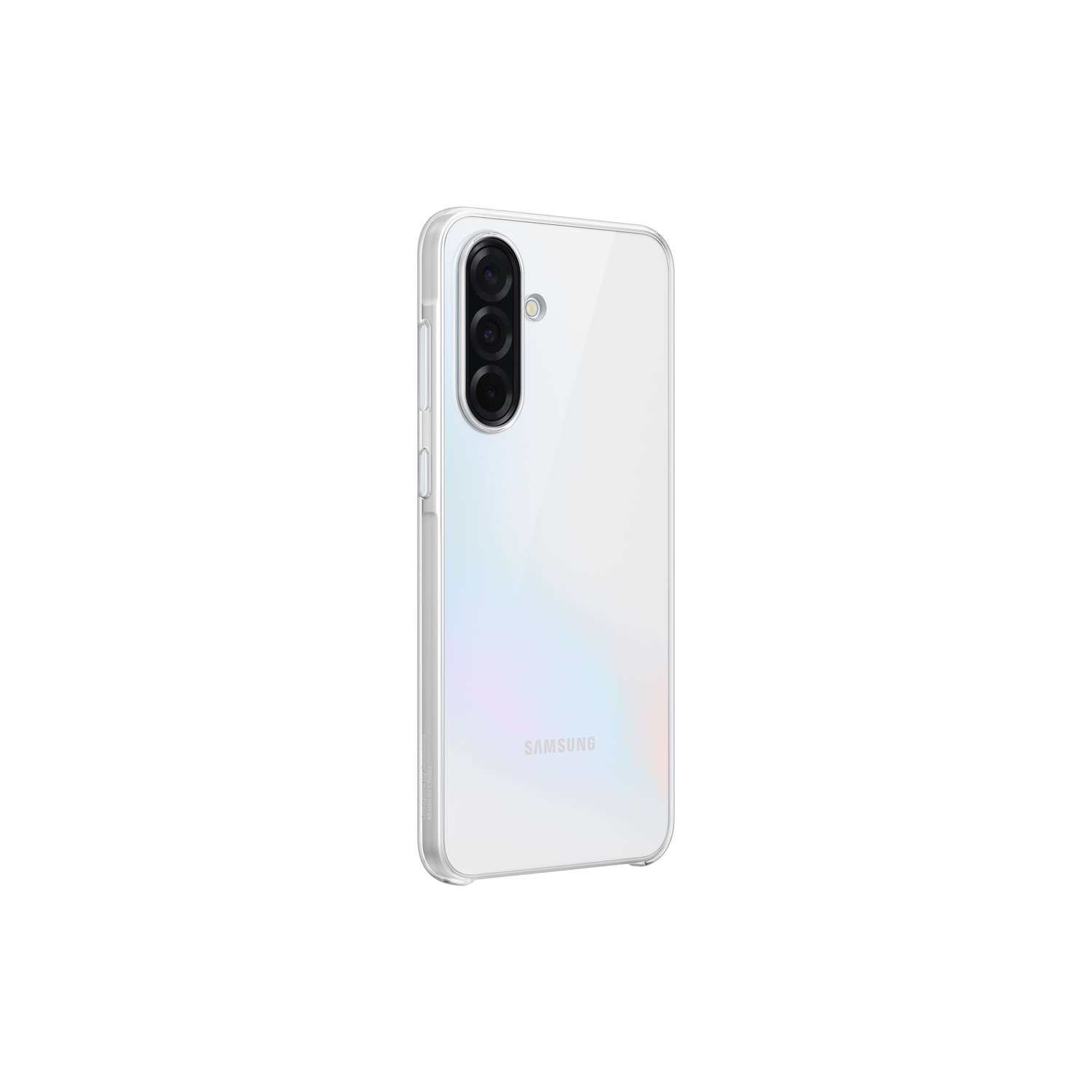 Transparante telefoonhoes op witte achtergrond, schuine weergave, Samsung logo.