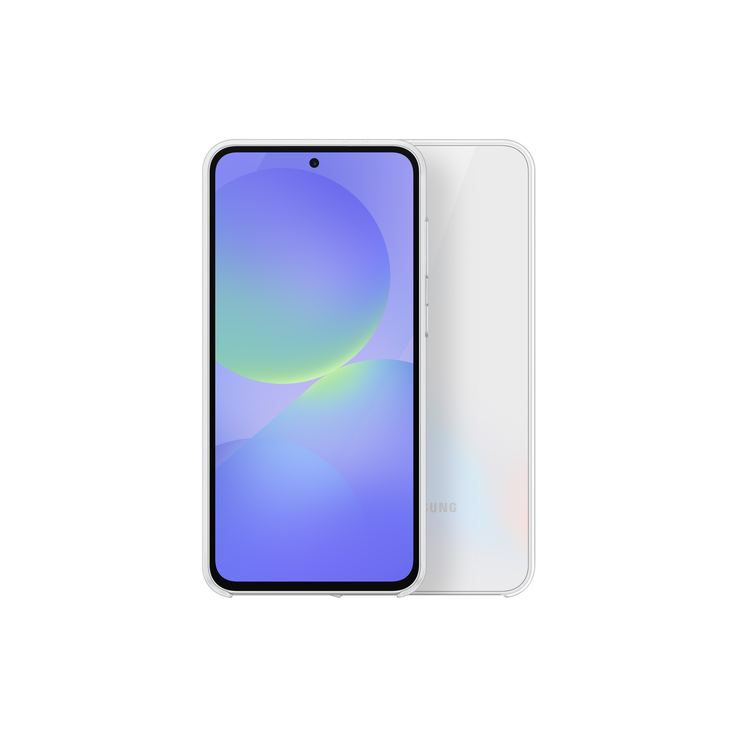 Een witte telefoon met een scherm dat blauwe en paarse abstracte vormen weergeeft, tegen een witte achtergrond.