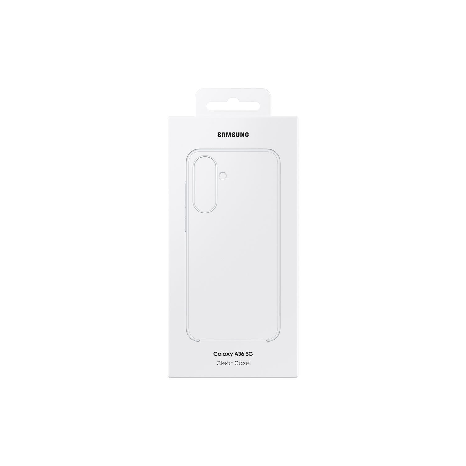 Een witte Samsung telefoonhoesdoos op een witte achtergrond. Het toont het product.
