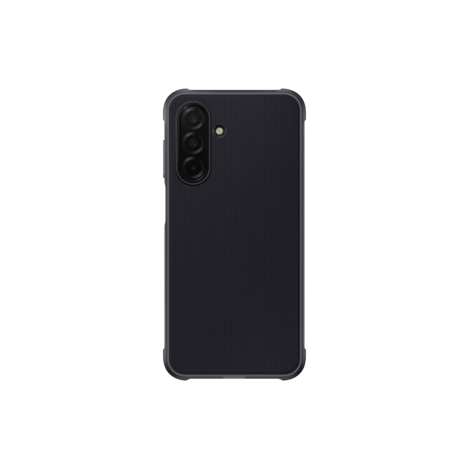 Une coque de téléphone noire avec un dos texturé et trois objectifs.