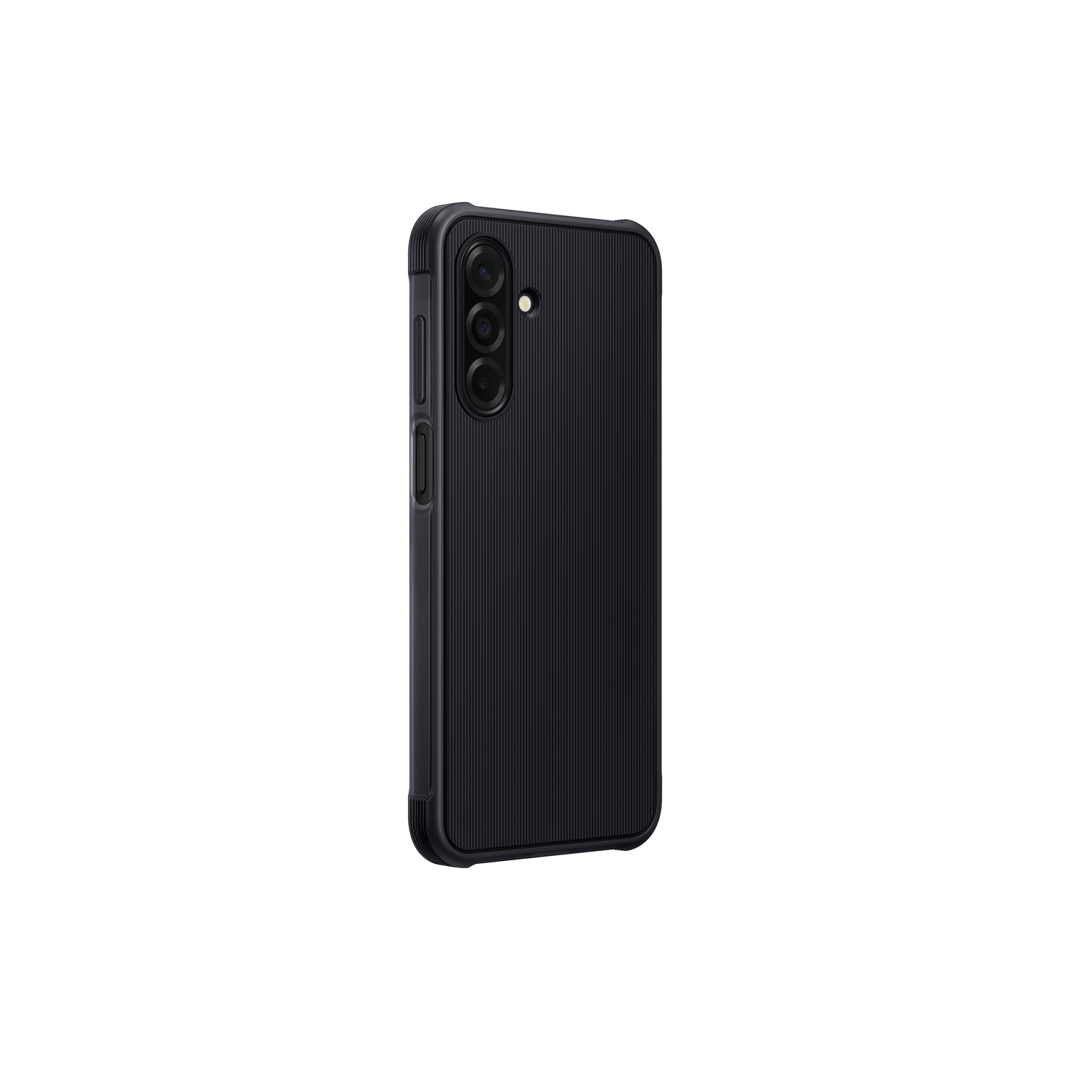 Téléphone noir avec trois caméras arrière et une texture côtelée.