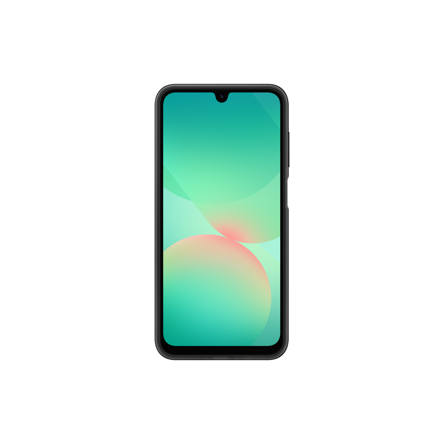 Smartphone met een groen en roze gradiëntscherm. Zwart frame. Witte achtergrond.