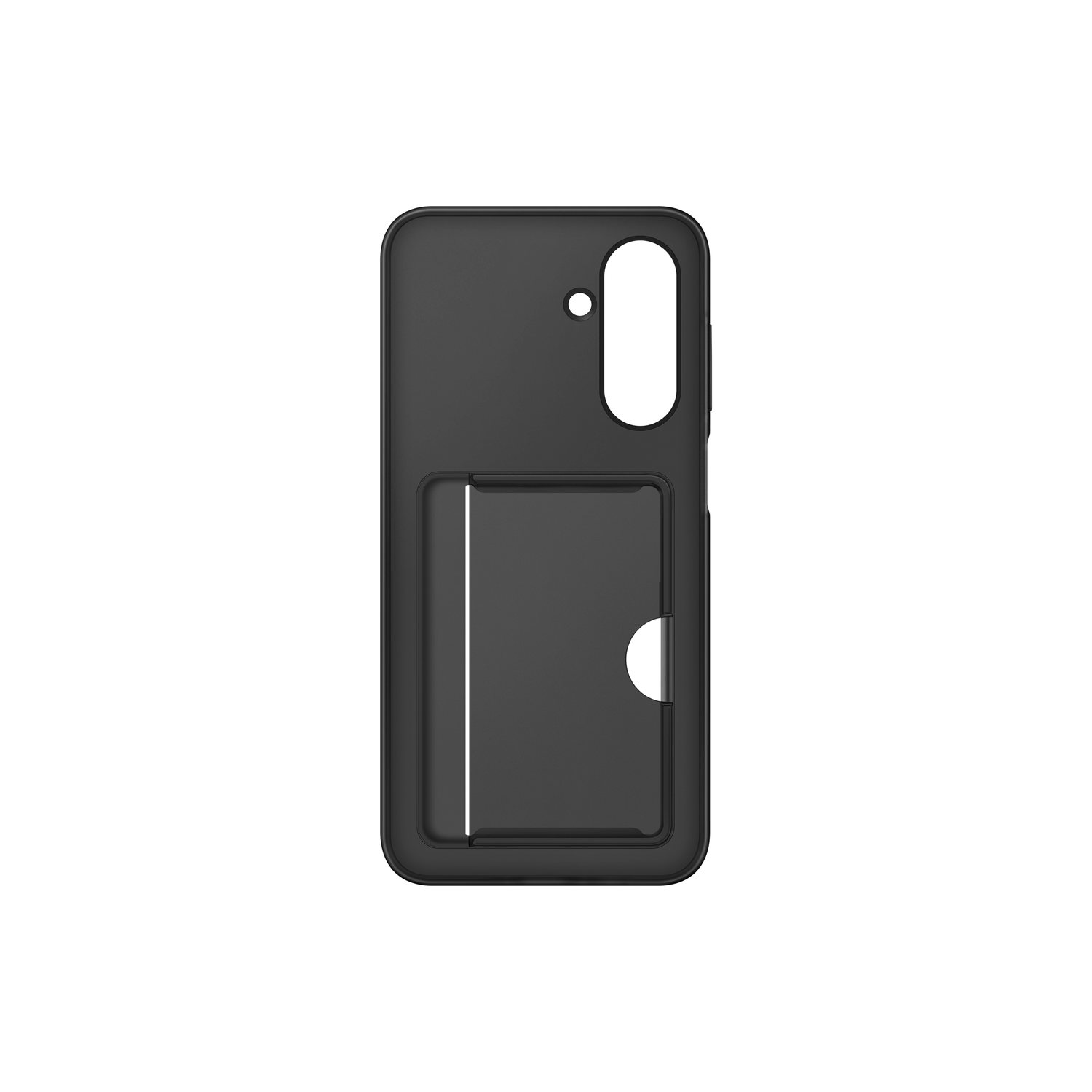 Zwarte telefoonhoes met een kaarthouder. Het heeft een uitsparing aan de zijkant.