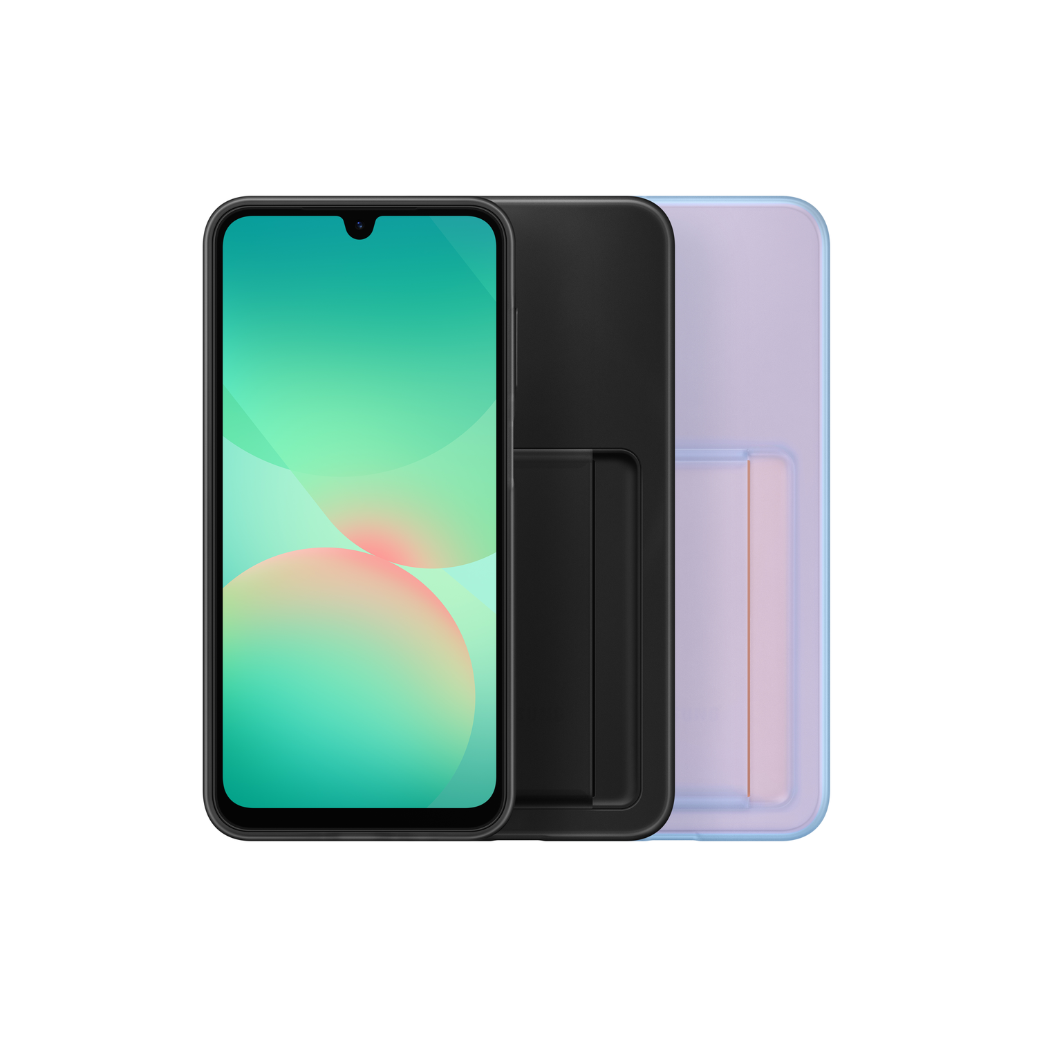 Een smartphone met een kleurrijk scherm, in een zwart en paars hoesje.
