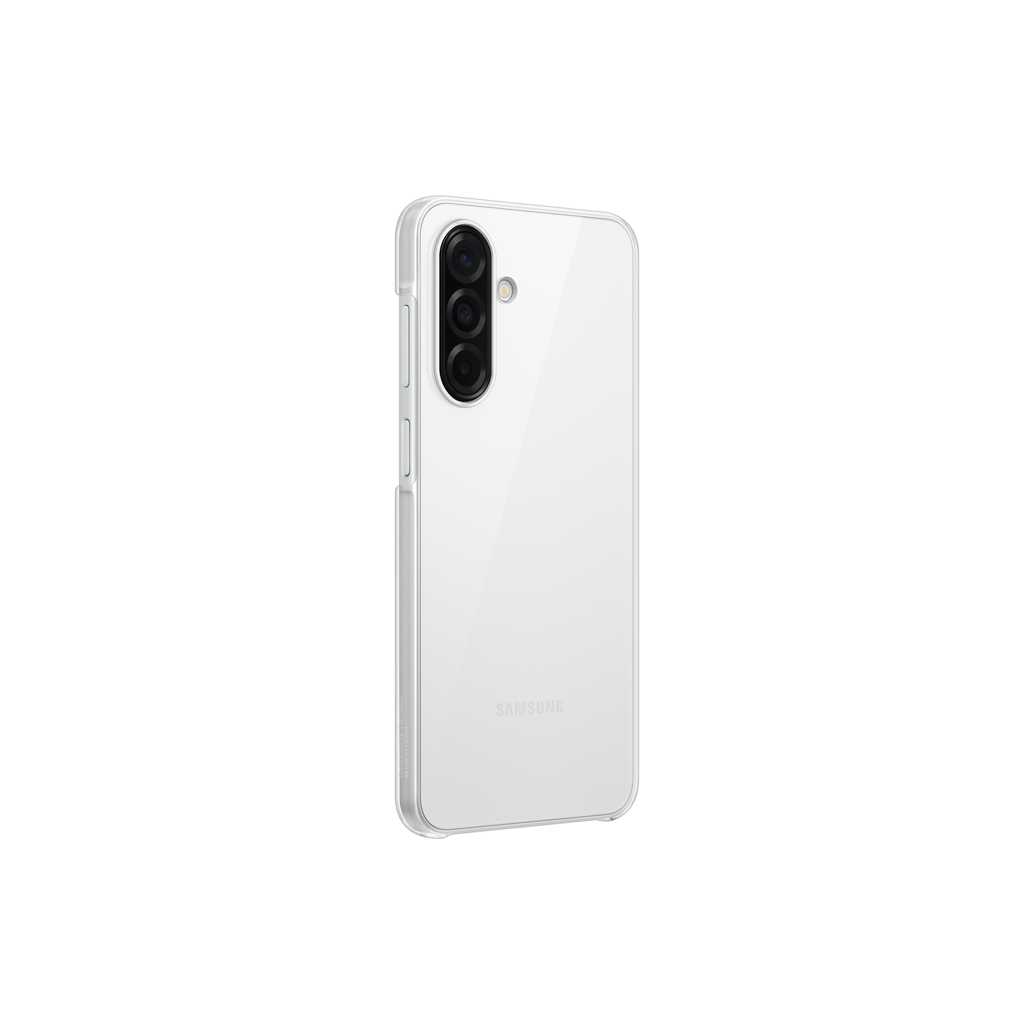 Een witte telefoonhoes op een witte achtergrond. Het heeft drie camera-uitsparingen en het Samsung-logo.