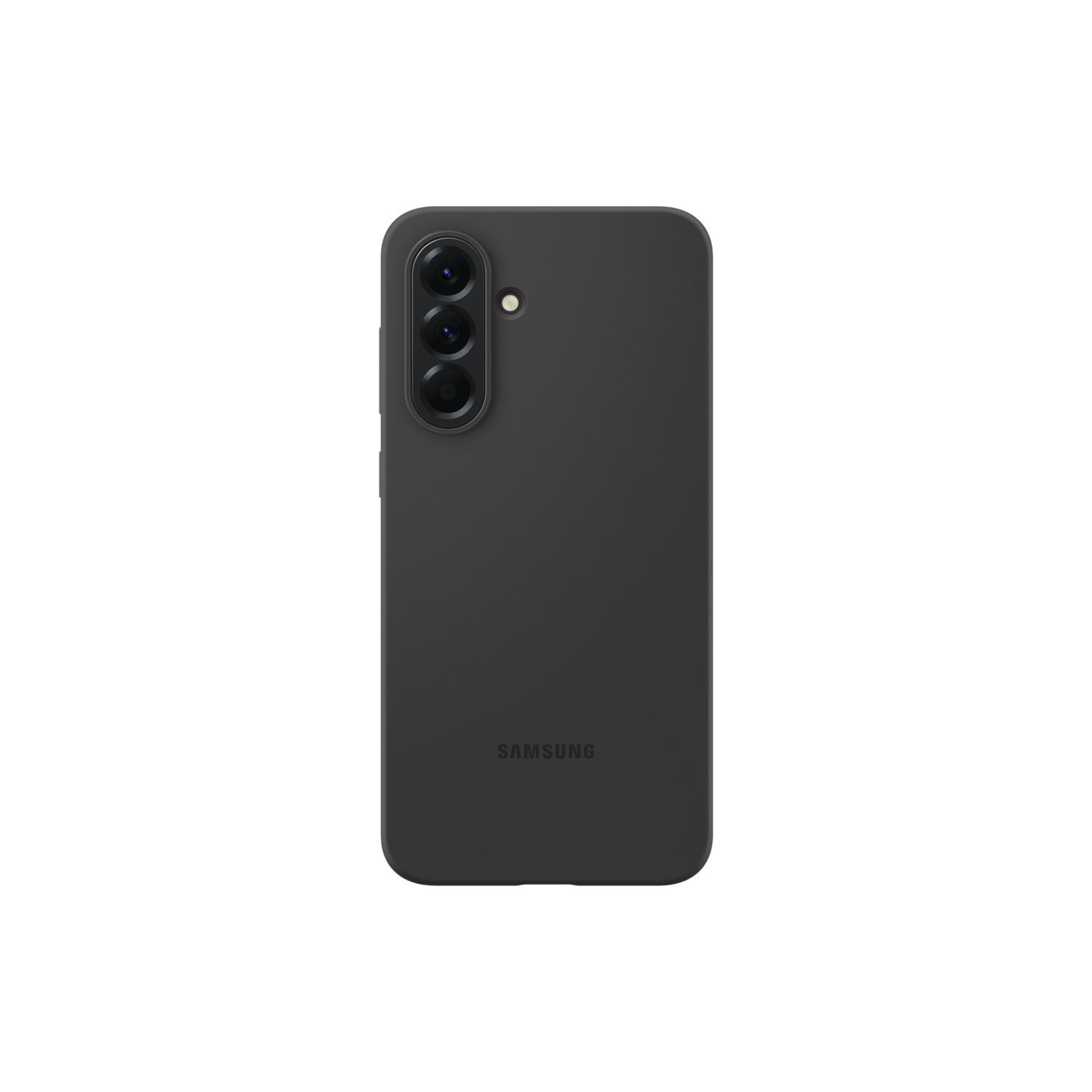 Een donkergrijze telefoon op een zwarte achtergrond. Het heeft drie camera's en het Samsung logo.
