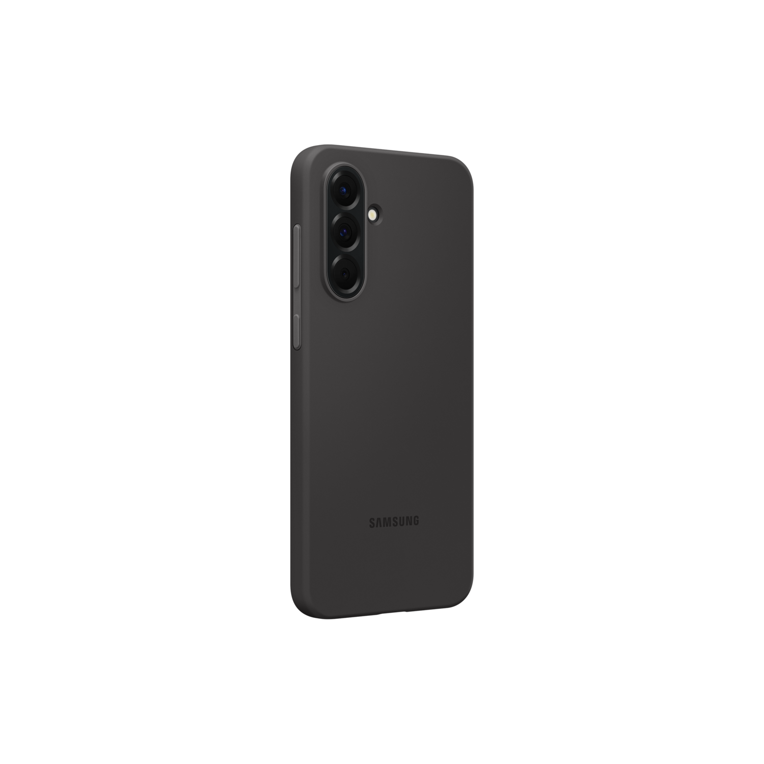 Een zwarte Samsung-telefoon met drie camera's en het Samsung-logo op een zwarte achtergrond.