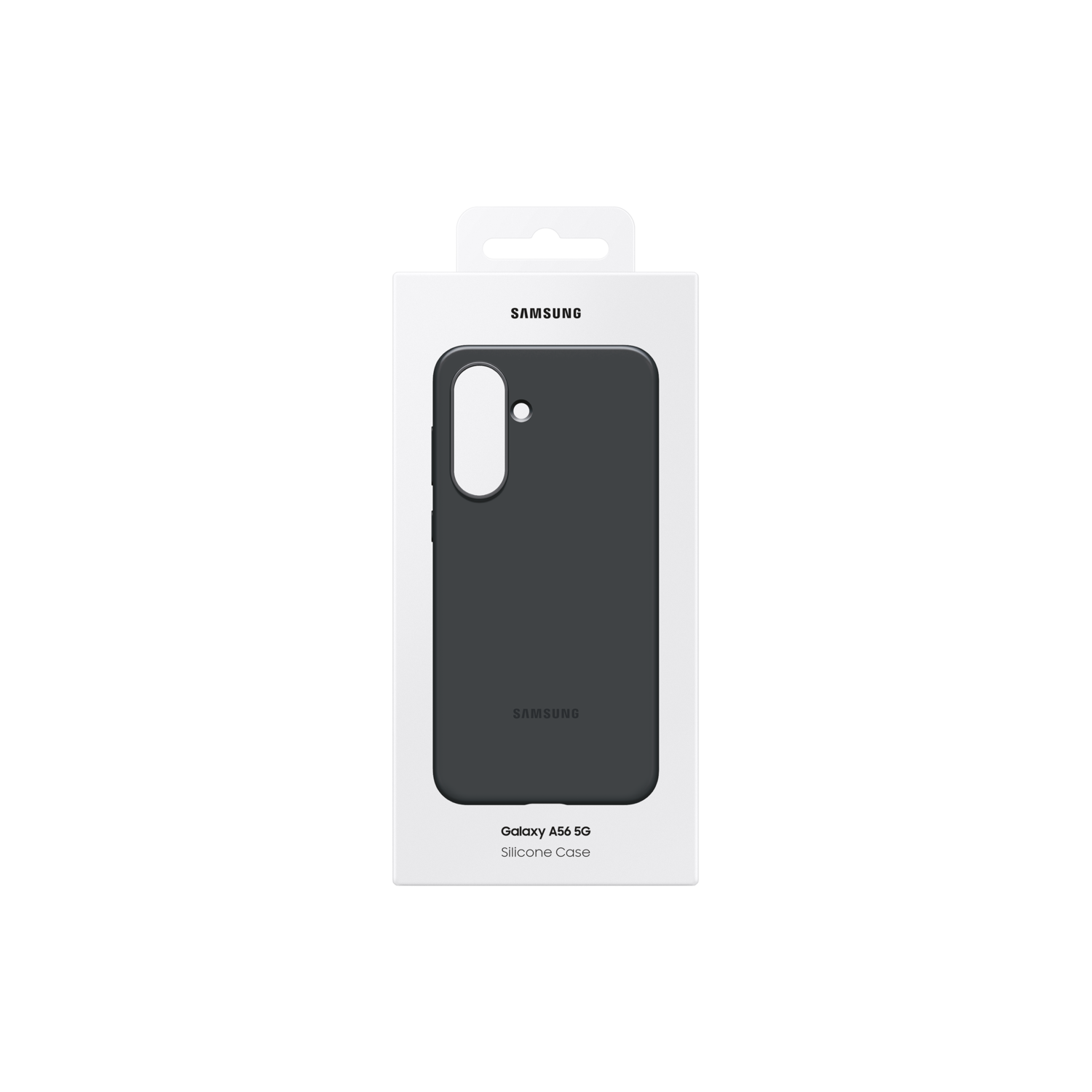 Een telefoonhoesje in een doos. De doos is wit met een zwart telefoonhoesje erin.