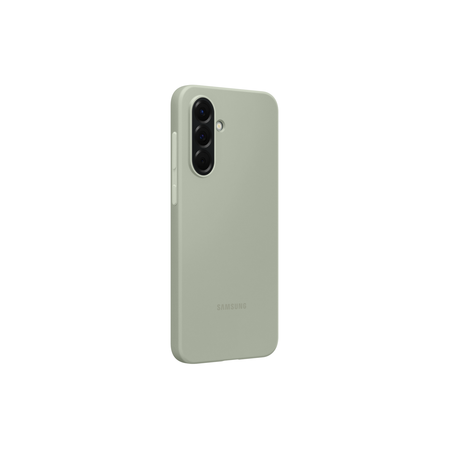 Olijfgroene smartphonehoes met camerabobbel en het Samsung-logo. Zwarte achtergrond.