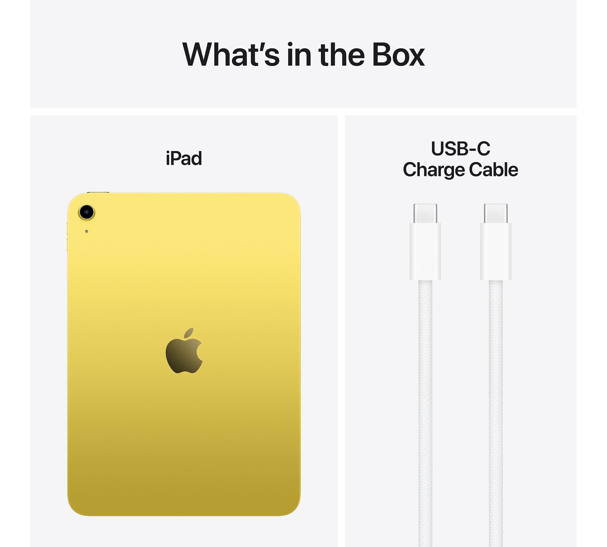 Sárga iPad és USB-C töltőkábel fehér háttéren.