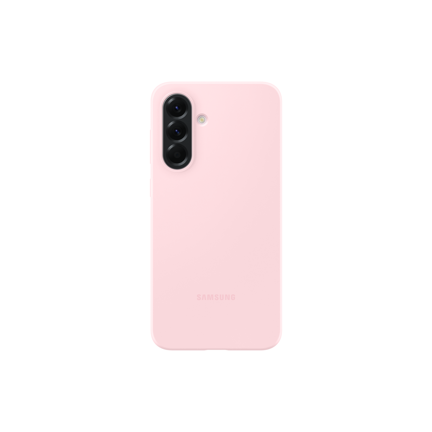 Téléphone Samsung rose avec triple caméra sur fond noir.