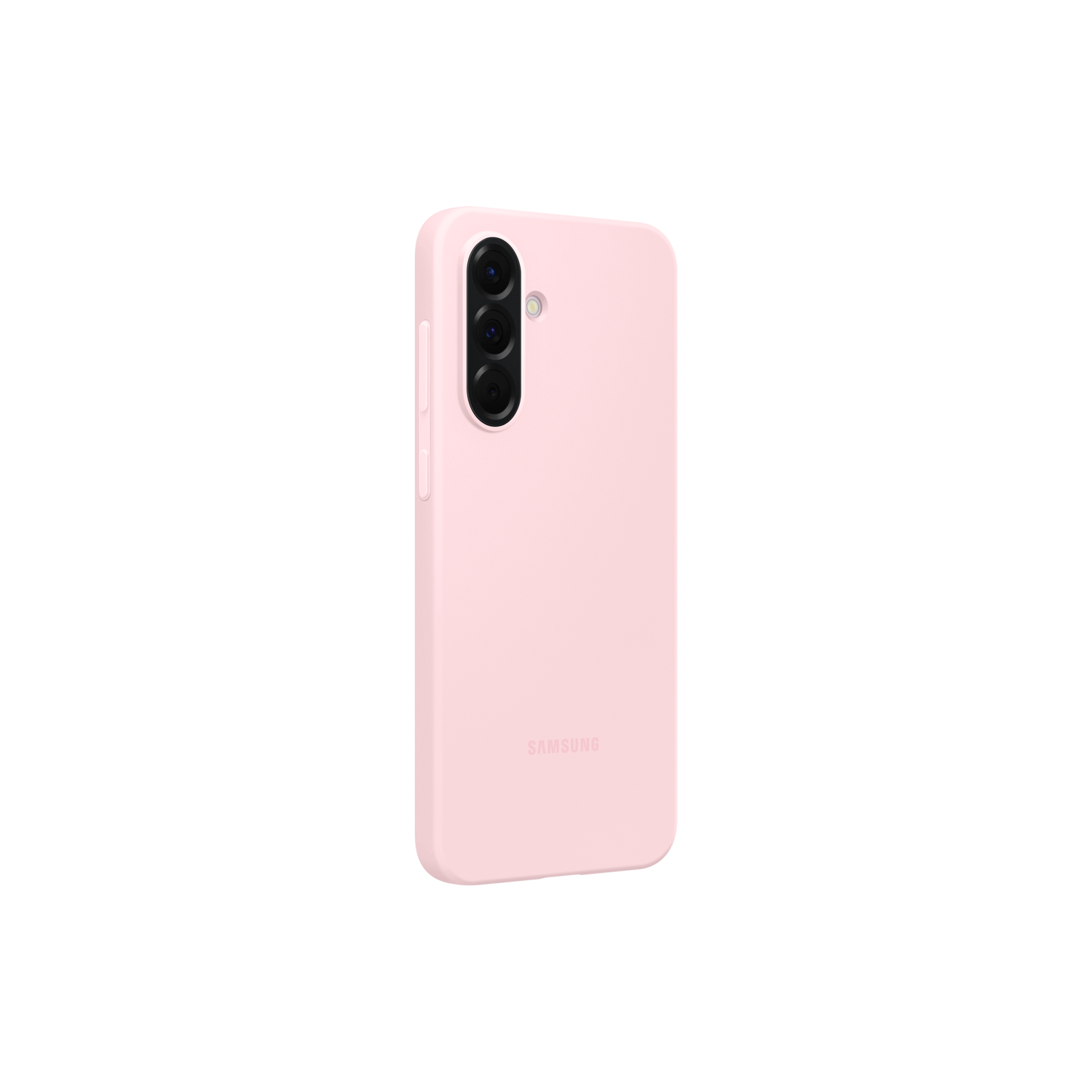Coque de téléphone rose sur fond noir, avec trois caméras.