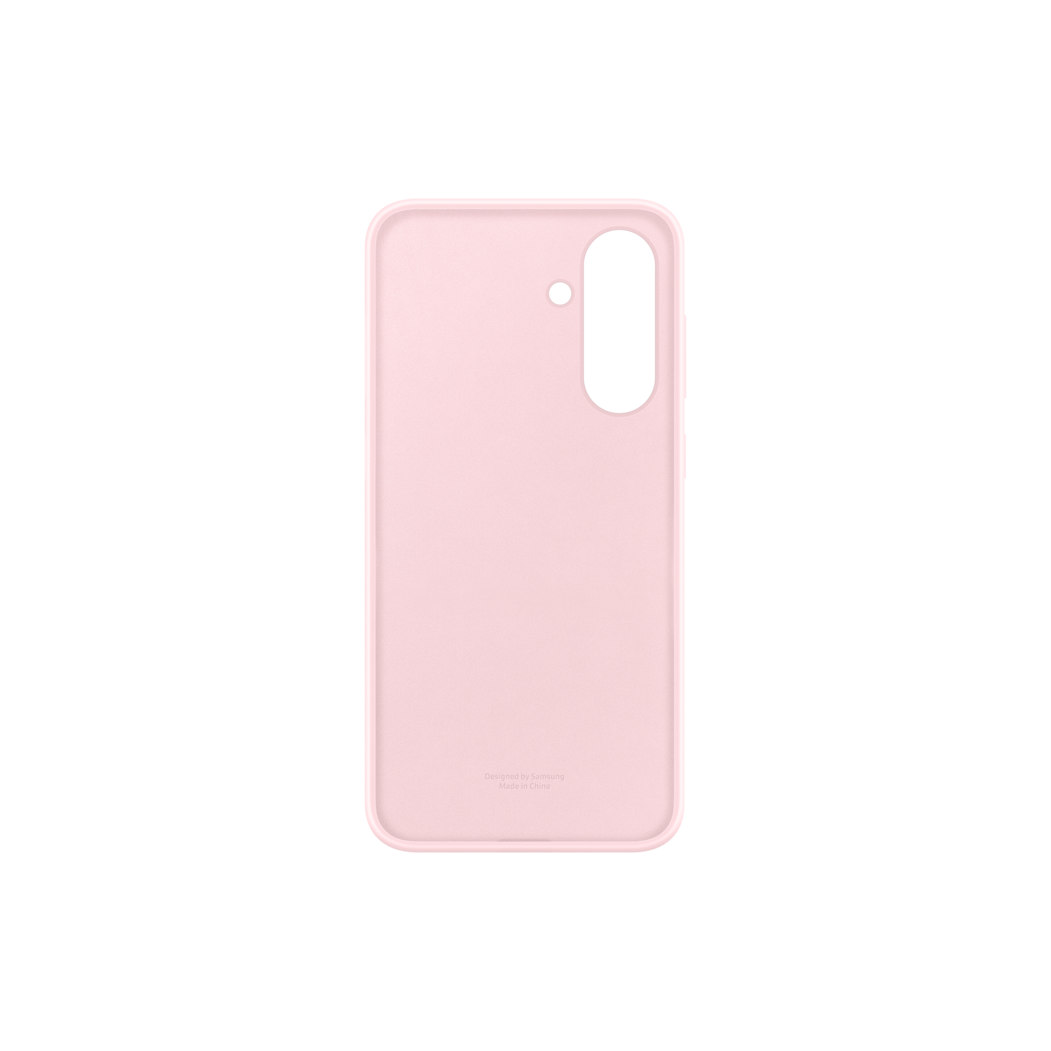 Une coque de téléphone rose sur fond noir. Elle a une découpe pour l'appareil photo et un logo.