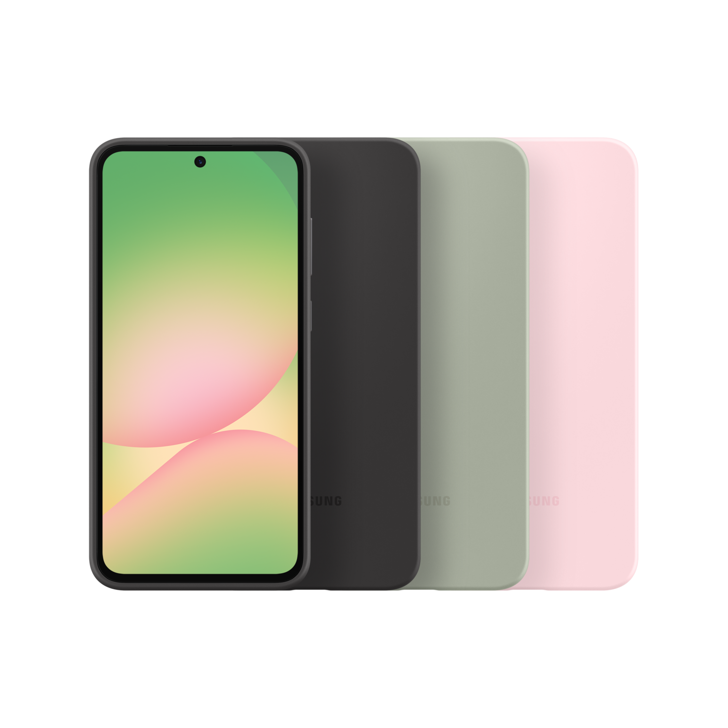 Quatre téléphones Samsung colorés : noir, gris, vert et rose, avec écrans allumés.