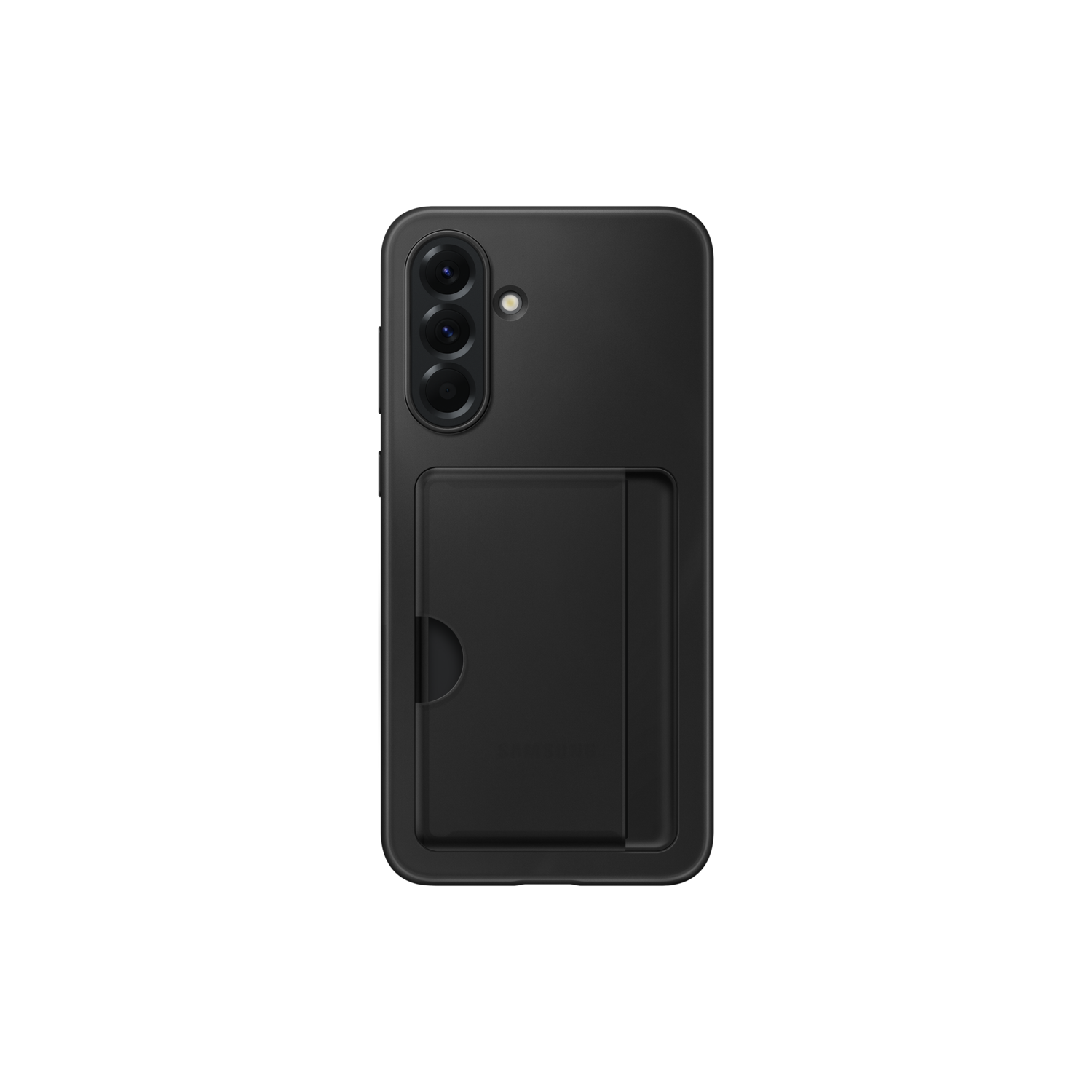 Zwarte telefoon met drievoudige camera en een gleuf voor een portemonnee-kaart.