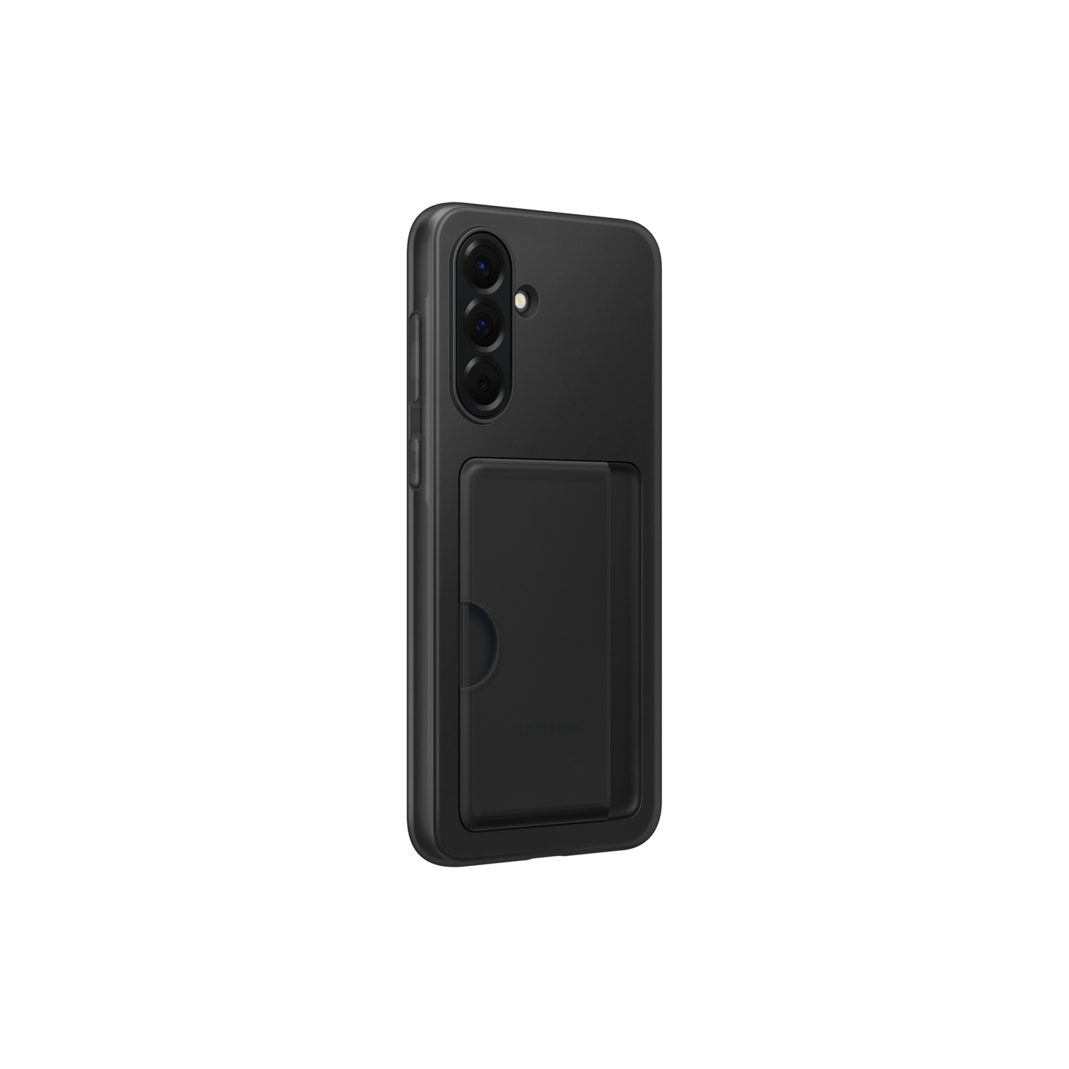 Zwarte telefoonhoes met kaartsleuf, zwarte achtergrond.