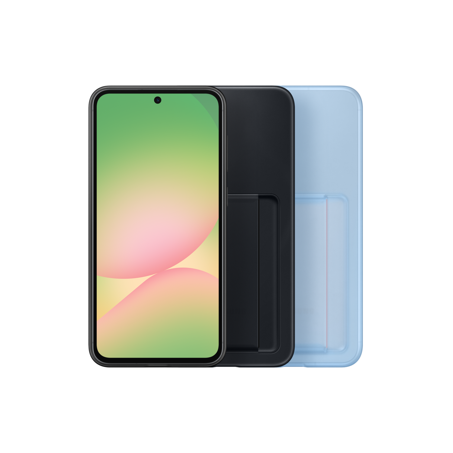 Smartphone, twee hoesjes. Het scherm toont een kleurrijke, abstracte afbeelding. Zwarte achtergrond.