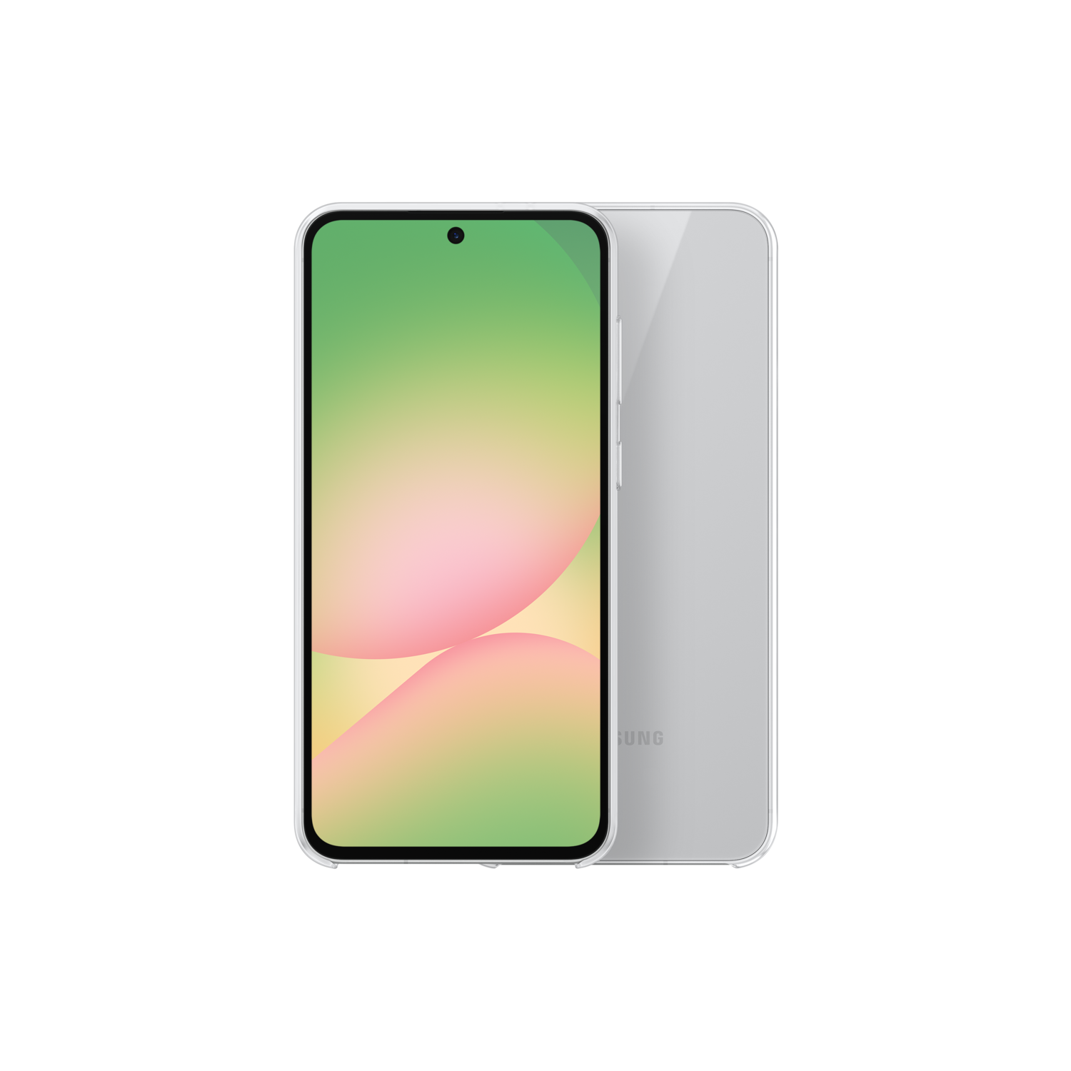 Un smartphone argenté avec un écran coloré montrant des dégradés roses et jaunes, soutenu par une version blanche.
